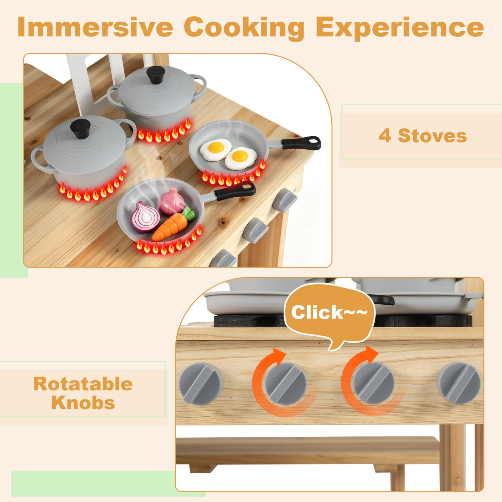 SUGIFT Natural Bench and Cooking Accessories Kids Wooden Pretend Play Mud Kitchen