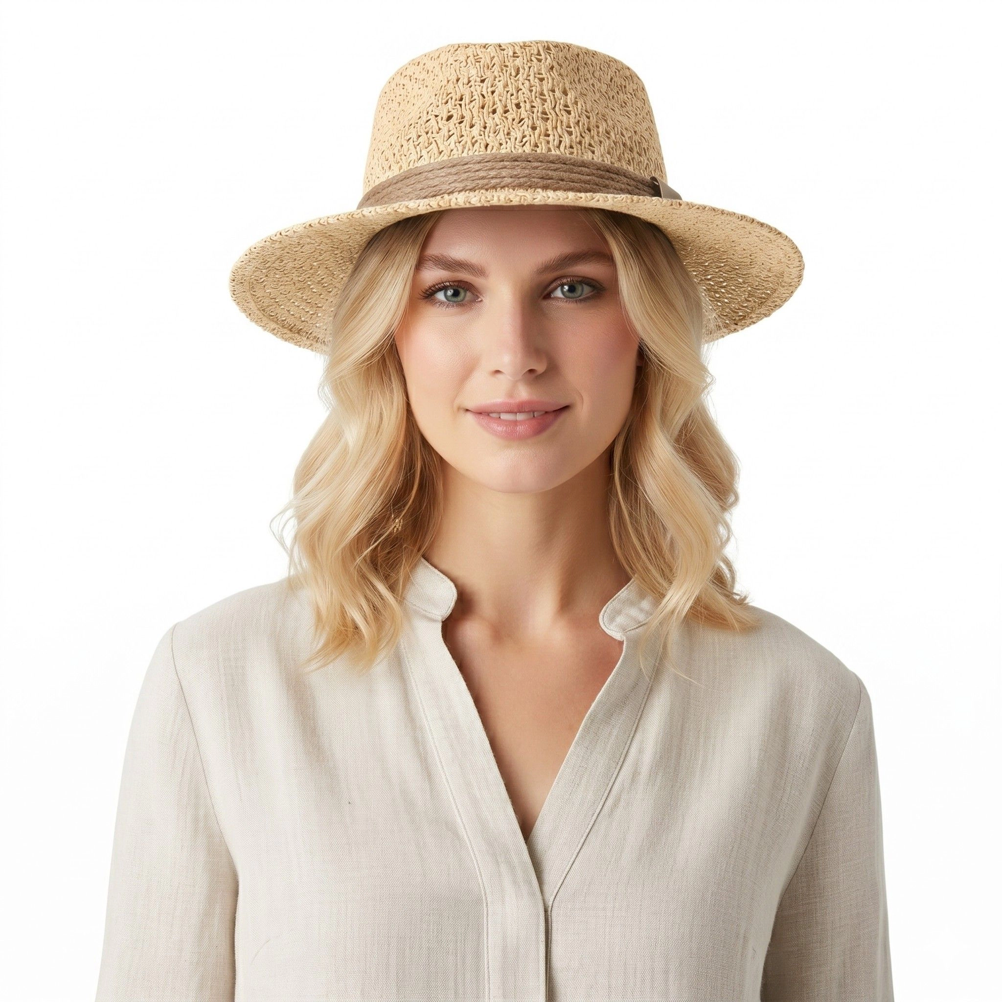 Anna-Kaci Womens Flat Top Straw Boater Hat Wide Brim Summer Beach Vacation Sun Hat