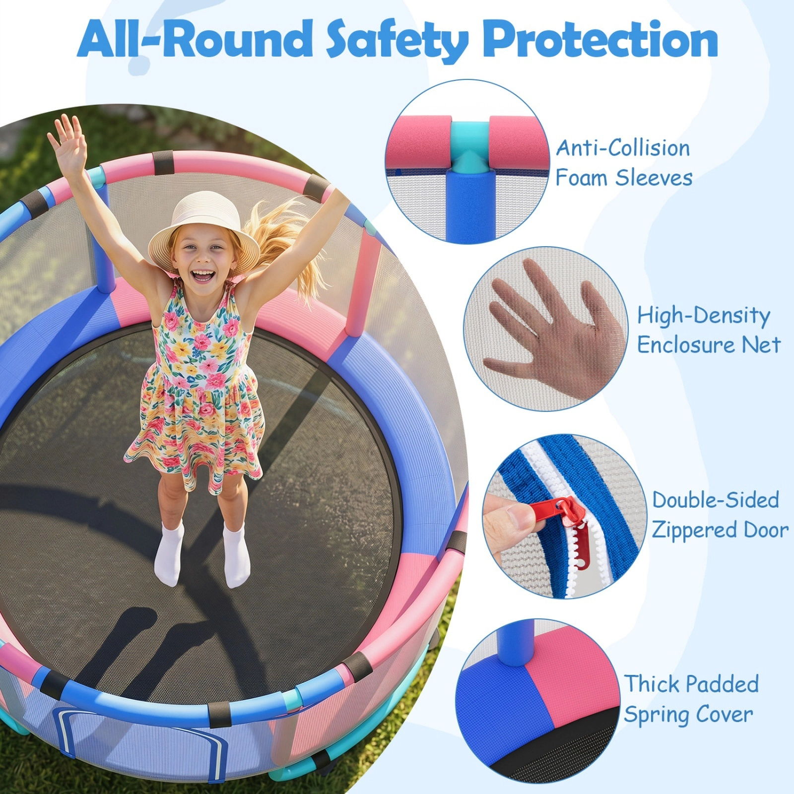 60-in 6-in-1 Kids Trampoline Basketball Hoop Gymnastics Bar Swing Hanging Rings Dart Board Navy Ages 3+