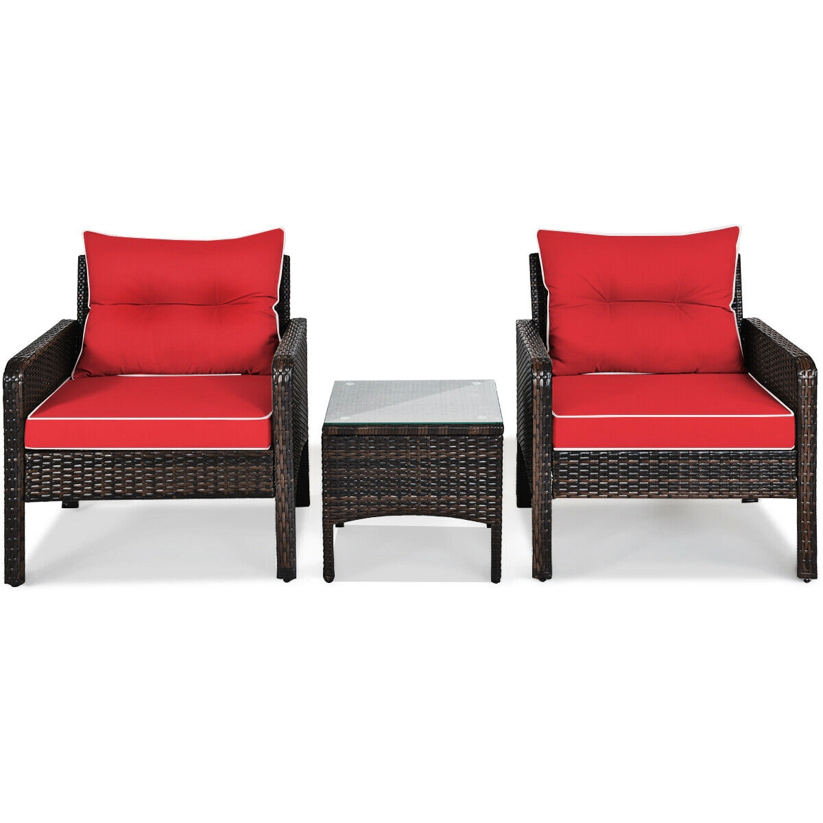 LJG 3 Pcs Outdoor Patio Rattan Conversation Set with Seat Cushions