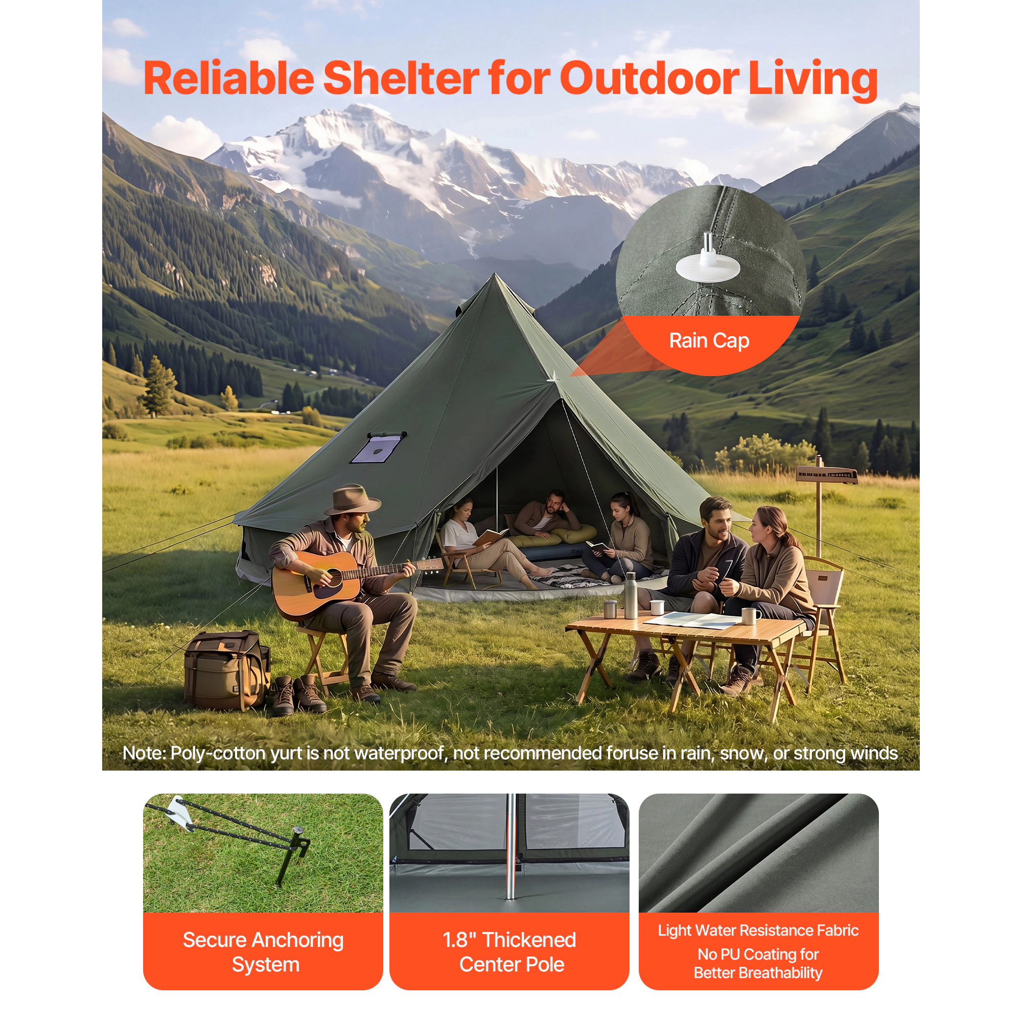 HONGGE Canvas Bell Tent 4 Seasons Yurt Tent for Camping with Stove Jack Canvas Breathable Holds with Zipped Detachable