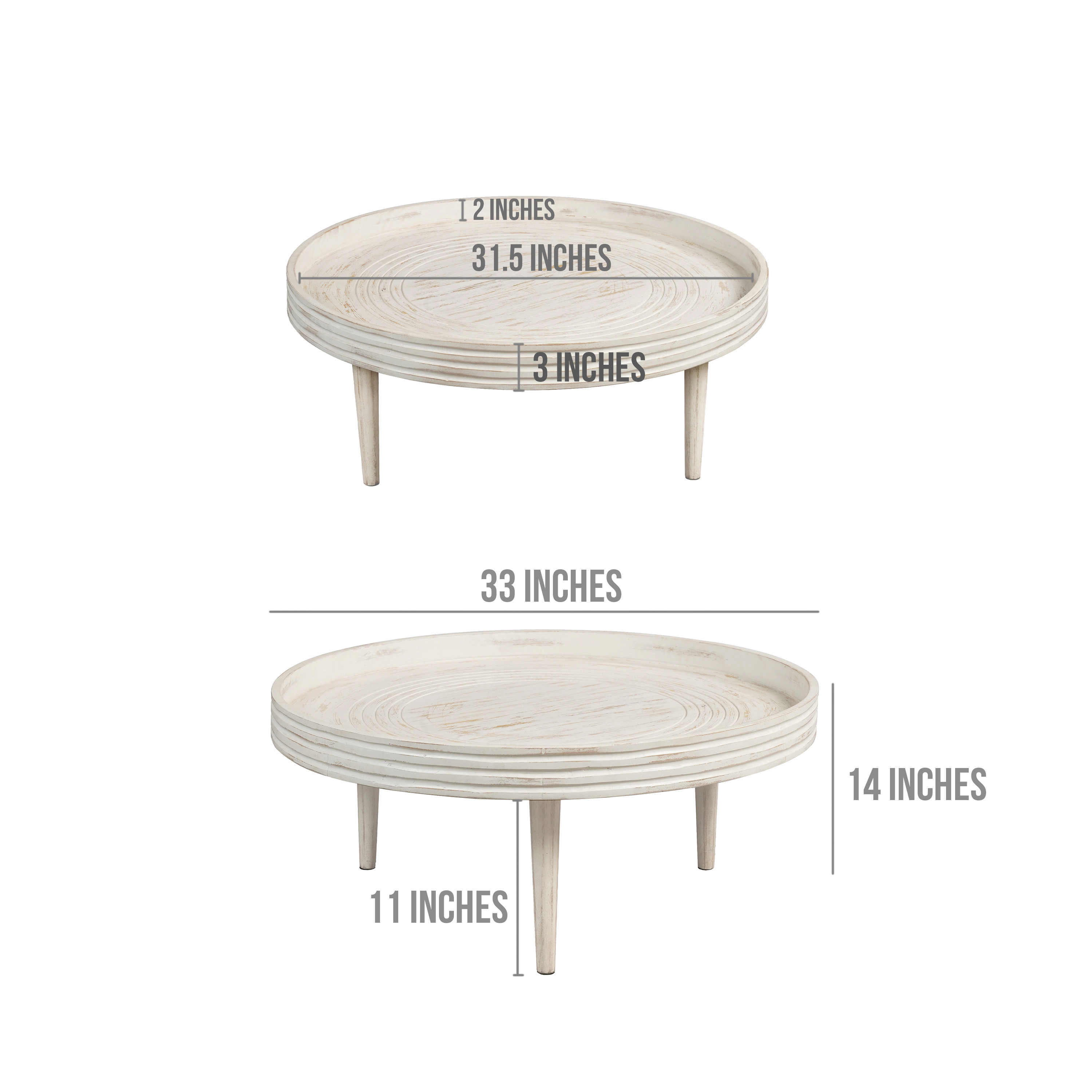 The Urban Port 33 Inch Coffee Table, Solid Mango Wood, Handcrafted Round Grooved Raised Edge, Distressed White
