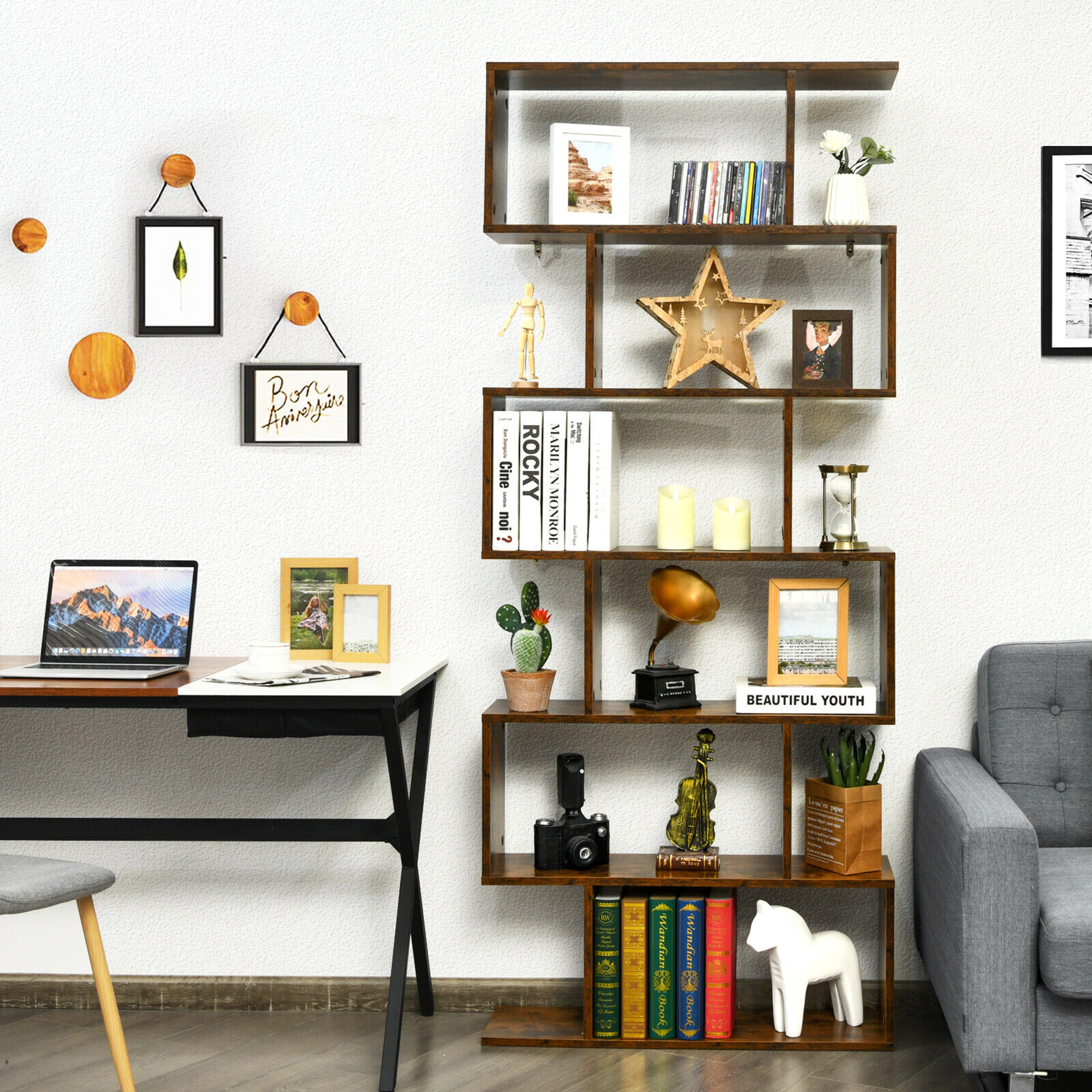 Costway 6 Tier S-Shaped Bookshelf Storage Display Bookcase Decor Z-Shelf Coffee