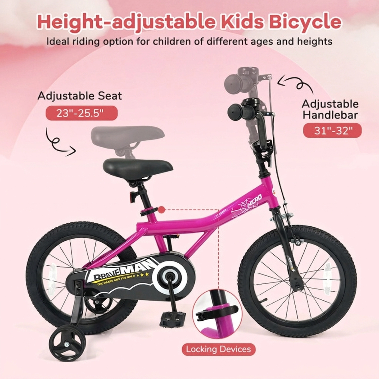 SUGIFT Pink Removable Training Wheels Padded Saddle and Chain Guard Kids 16 Inch Bike