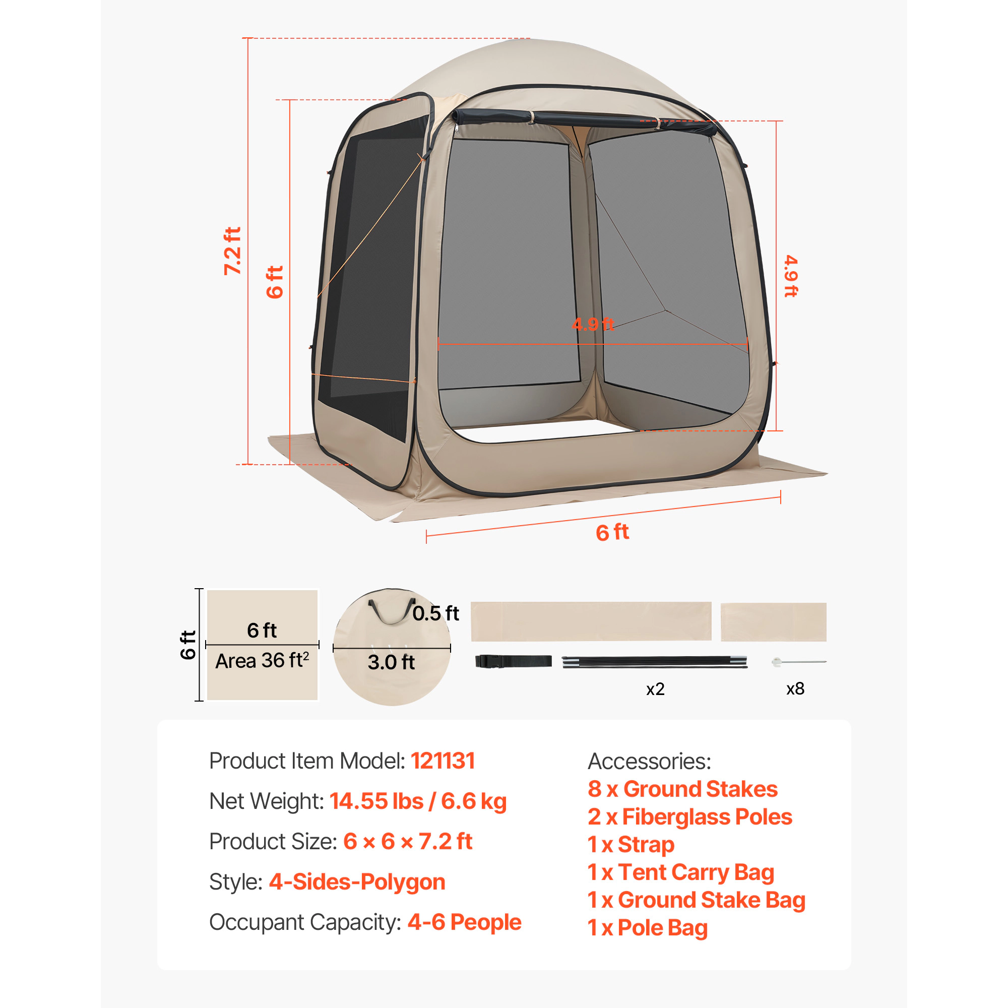HONGGE Screen House Tent Pop Up Screen Tent Portable Screened in Canopy with Carry Bag Netting Sides Ground Stakes for