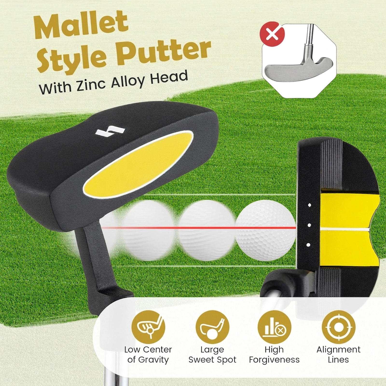 SUGIFT Yellow Kids Junior Mallet Putter Golf Club with Alignment Aid and Headcover 27-in Long 72 Degree Lie