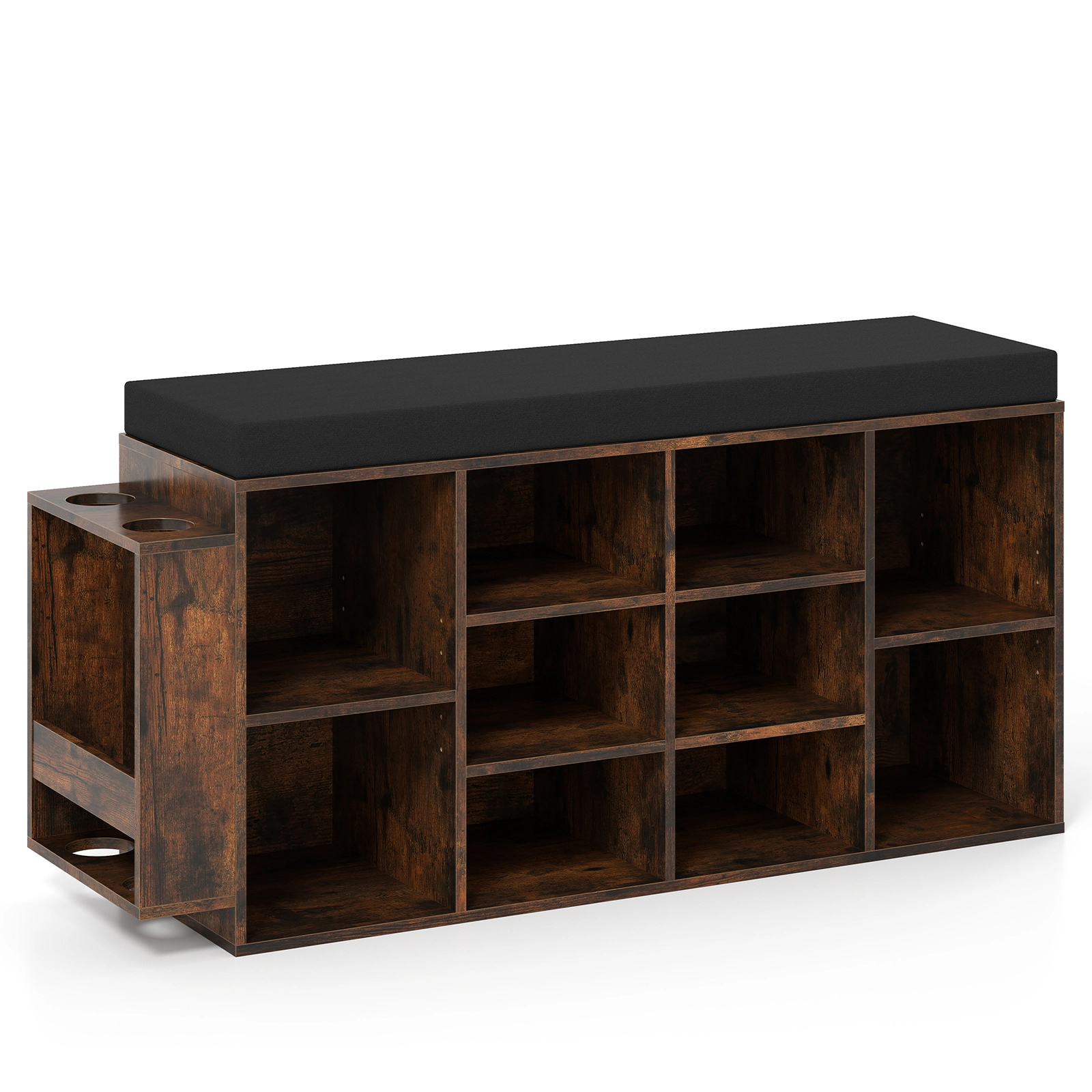 SUGIFT 10-Cubby Shoe Storage Bench with Umbrella Stand 165-lb Seating Capacity Rustic Brown/Black