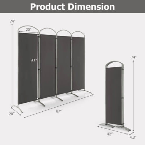 SUGIFT Gray 4-Panel Folding Room Divider Partition Screen with Curved Base and 87-in by 74-in Coverage