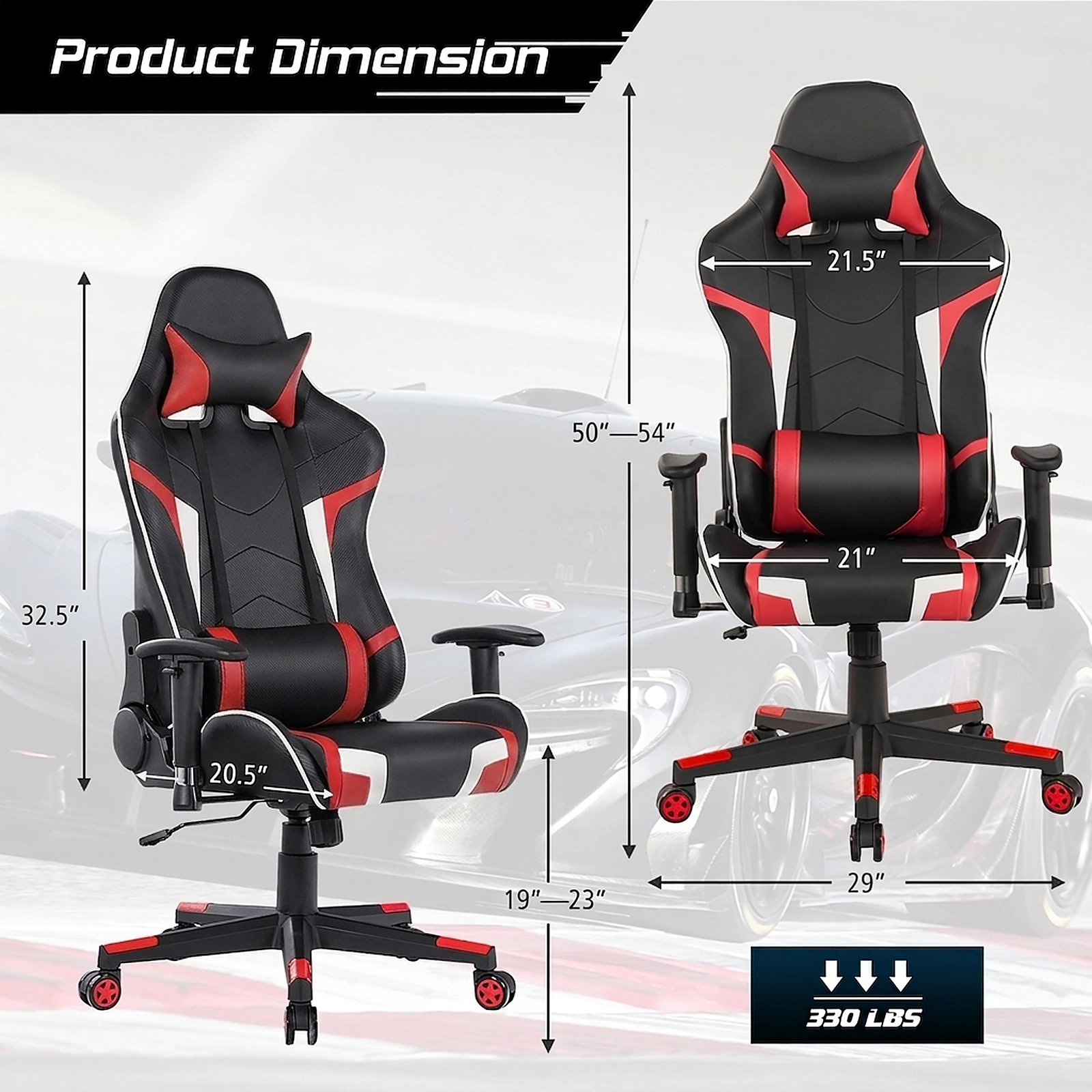 SUGIFT Reclining Swivel Massage Gaming Chair with Lumbar Support 330-lb Capacity 29 x 29 x 50-54 in Frame Red