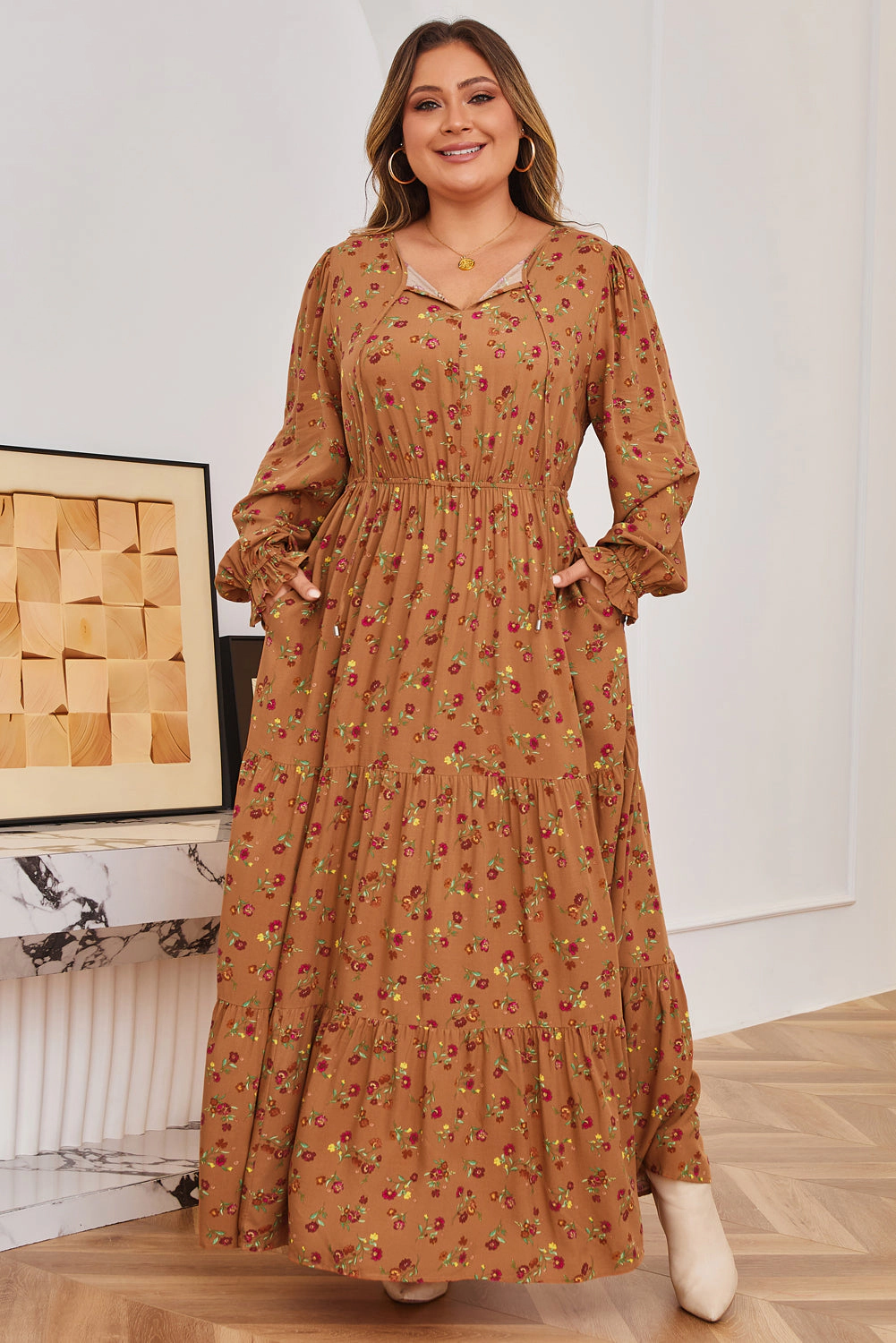 Threaded Pear Women's Charleigh Sleeve Tiered Maxi PLUS Dress
