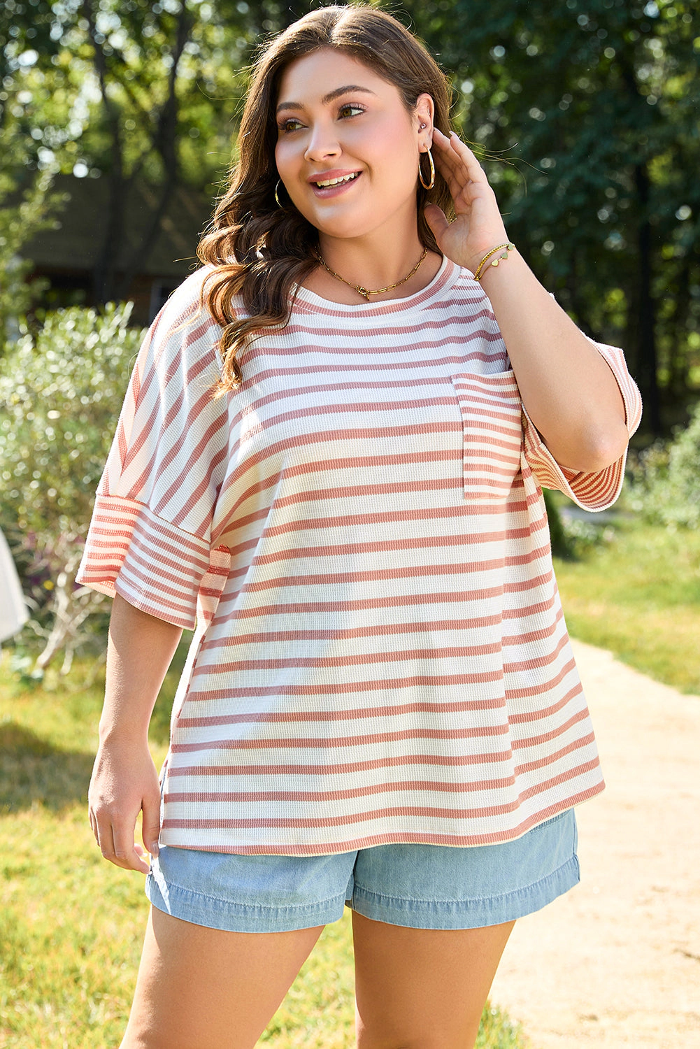 Threaded Pear Amari Plus Stripe Waffle Knit Top