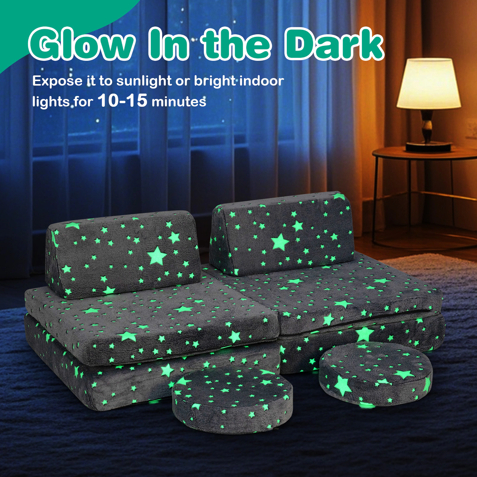 SUGIFT Glow in the Dark Modular Kids Play Couch Set Convertible Lounger Chairs and Beds 3+ Years Gray