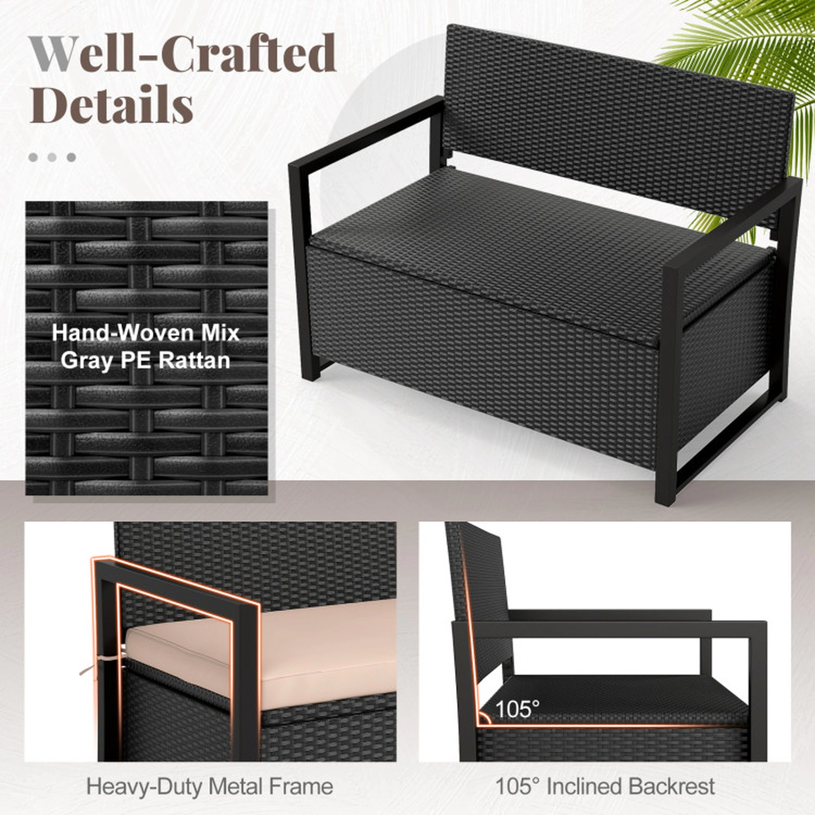 SUGIFT Patio Storage Bench Wicker Loveseat with Under-Seat Storage 800-lb Capacity Mix Brown/Mix Gray