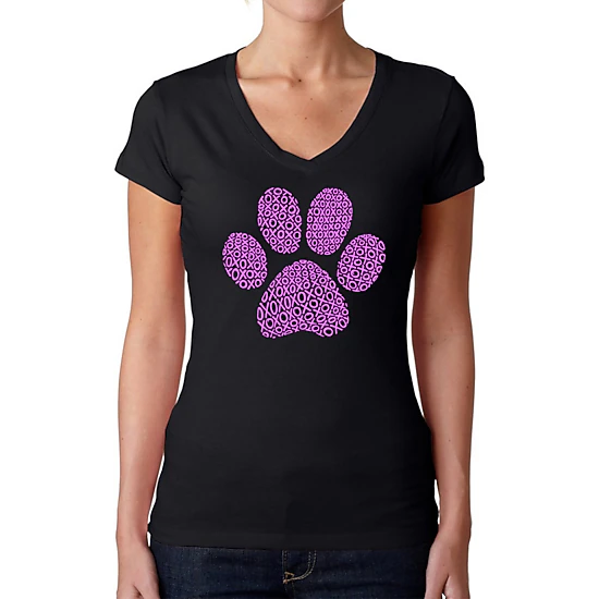 LA Pop Art Womens Word Art V-Neck T-Shirt - XOXO Dog Paw