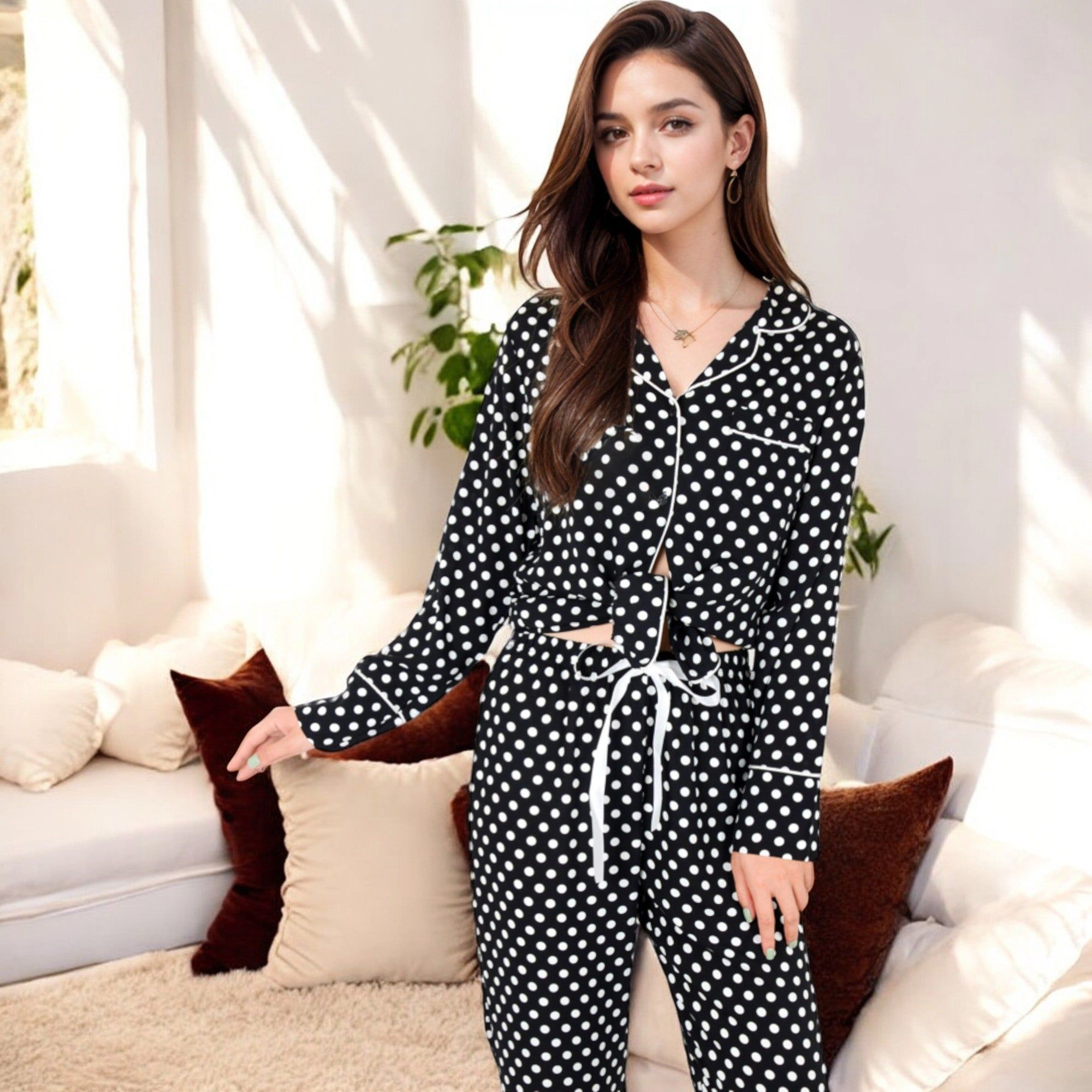 Anna-Kaci Women's Polka Dot Long Sleeve Pajama Set with Button Up Top and Drawstring Pants