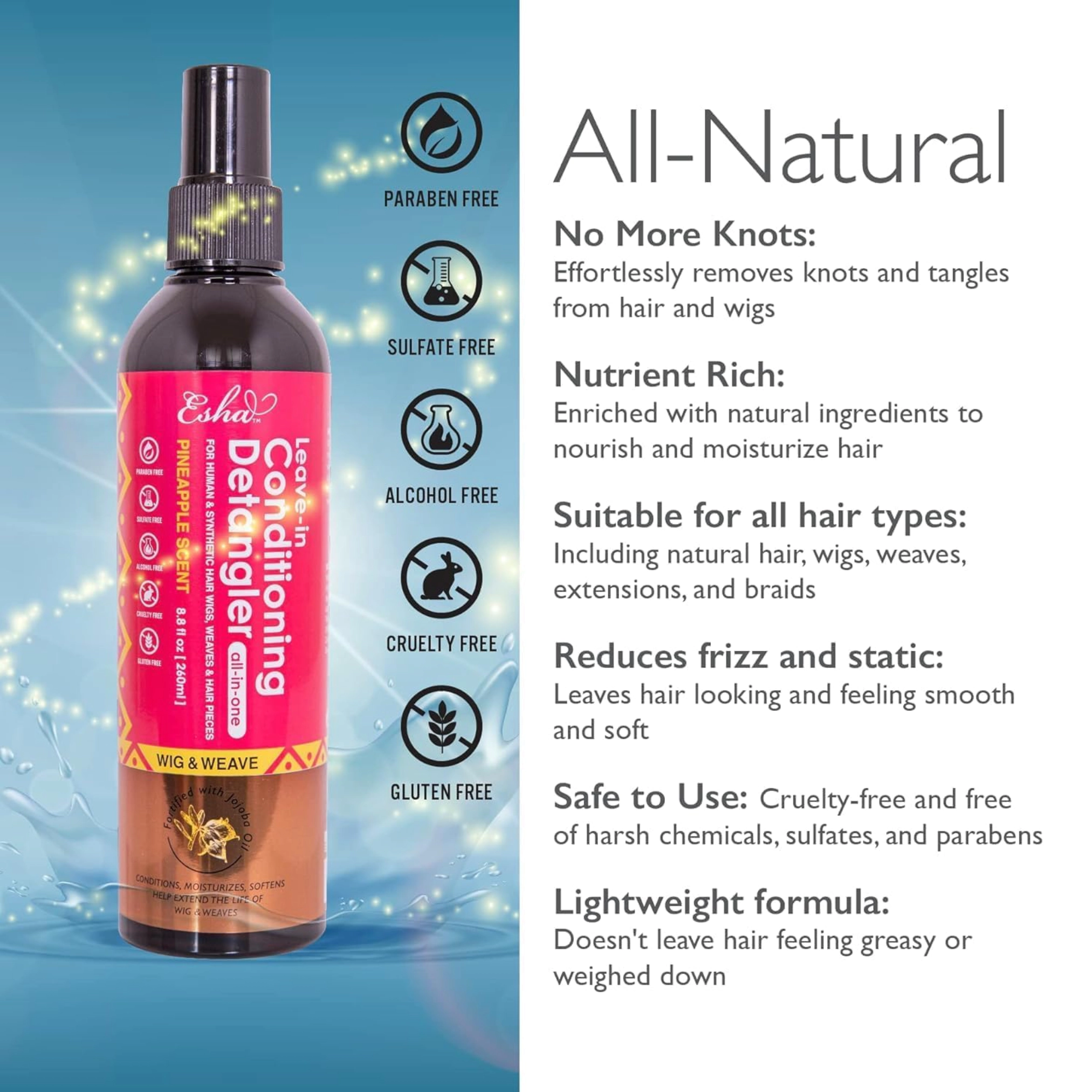 Esha Unisex Leave-In Detangler for human and synthetic hair pieces Wig & Weave Leave-In Conditioning Detangler