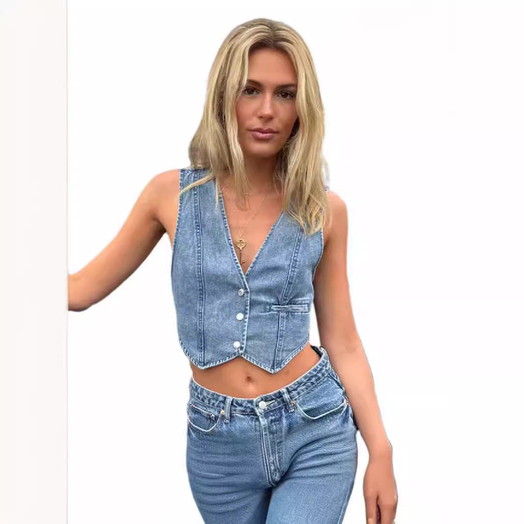 KOJOOIN Women's Cropped Western Denim Vest Top V Neck Waistcoat Cowgirl Jean Tops Country Concert Outfit