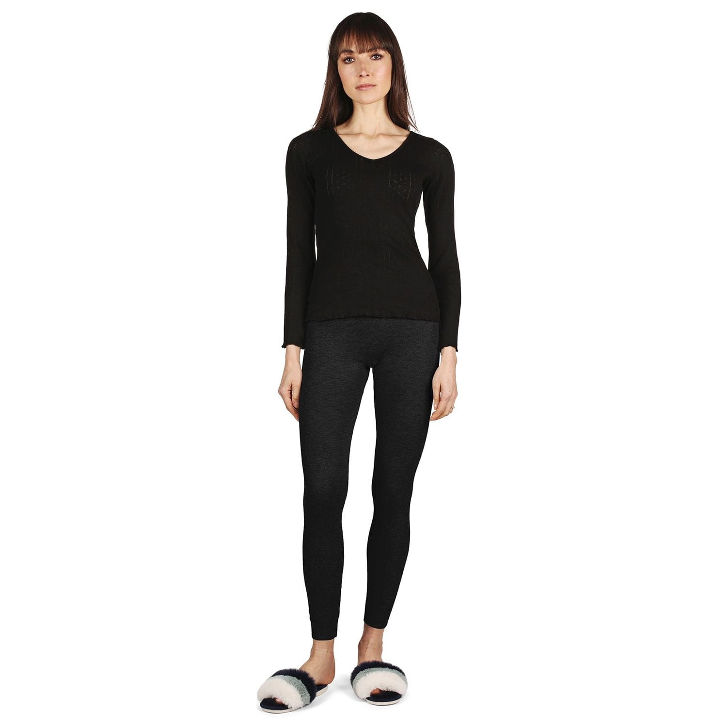Memoi Women's Pointelle Rib Knit Seamless Long Sleeve Top