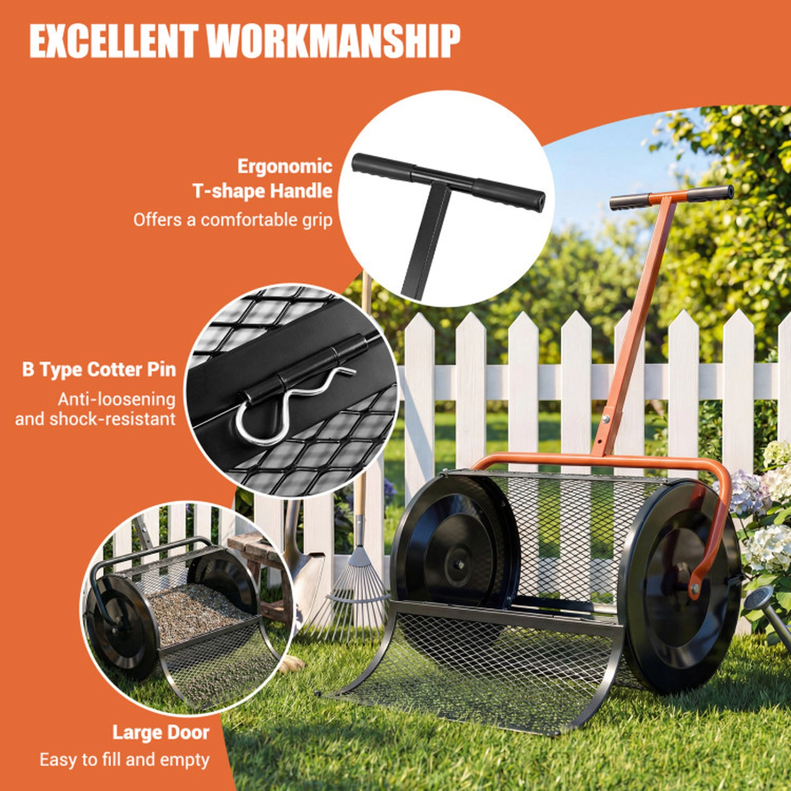 SUGIFT 24-in 2.7-cu ft Orange Compost Spreader Peat Moss Roller with Height Adjustable T-Shape Handle