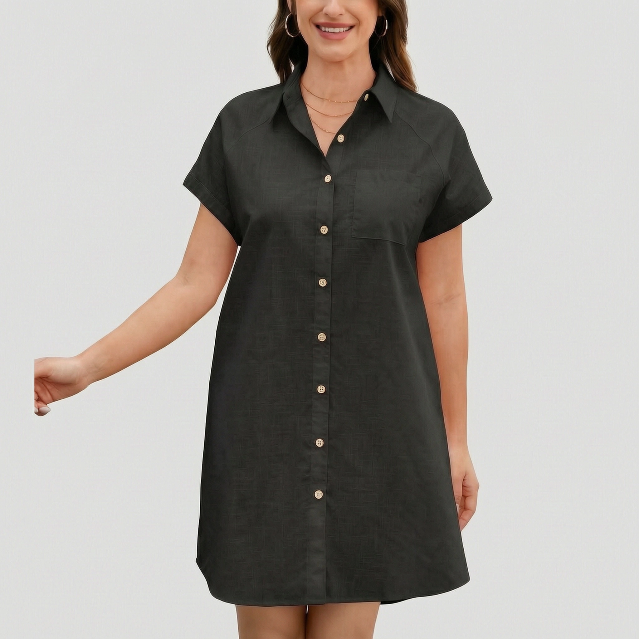 Zeagoo Women's ShortSleeve V-Neck Button Down Tunic Shift Dress Casual Comfy Shirt with Pocket