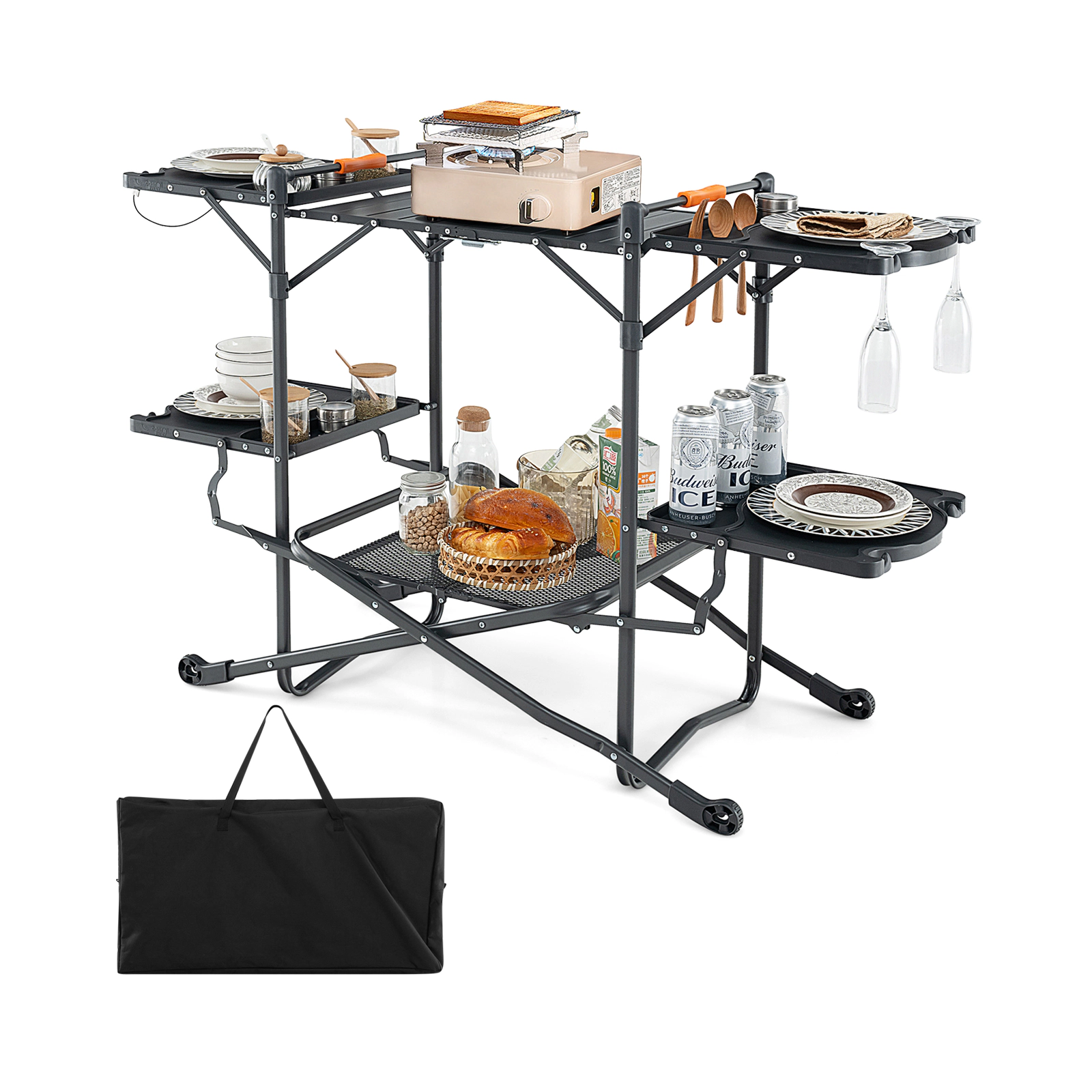 SUGIFT Folding Outdoor Cook Station, Heat-Resistant Aluminum Tabletop, 4 Side Tables and Storage Rack