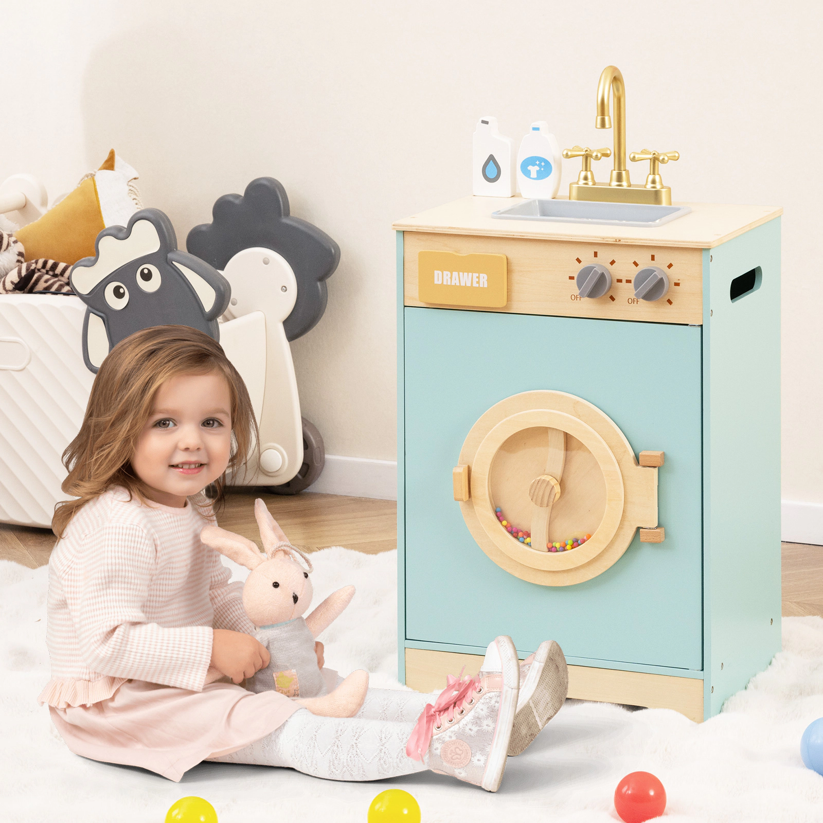 SUGIFT Kids Blue Wooden Toy Washing Machine Playset with Removable Sink and Detergent Bottle 16-in W 30-in H