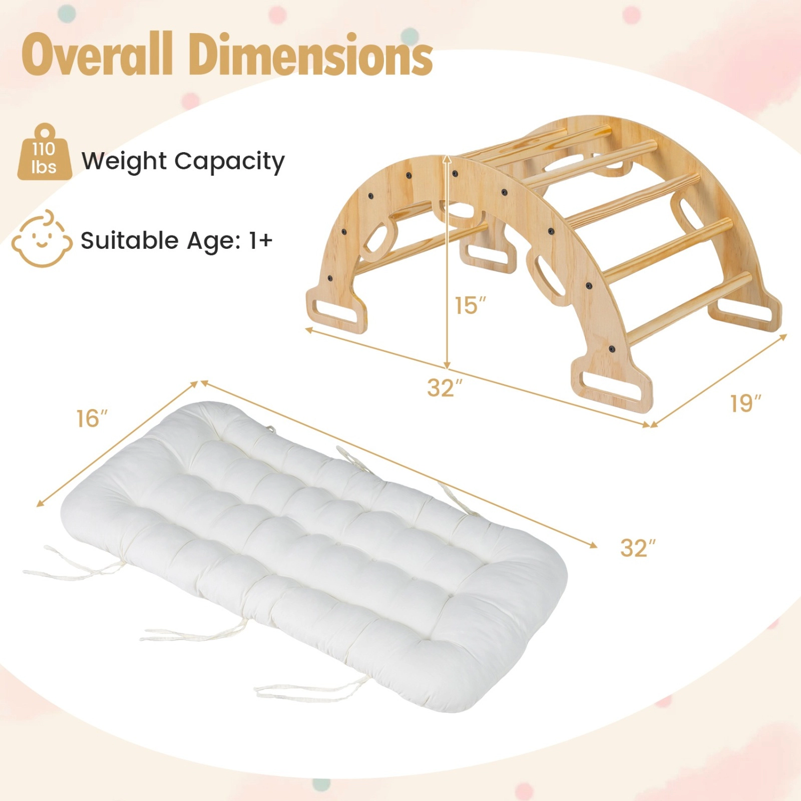 SUGIFT Natural Cushion Montessori Kids Climber and Rocker Wooden Rocking Climbing Arch