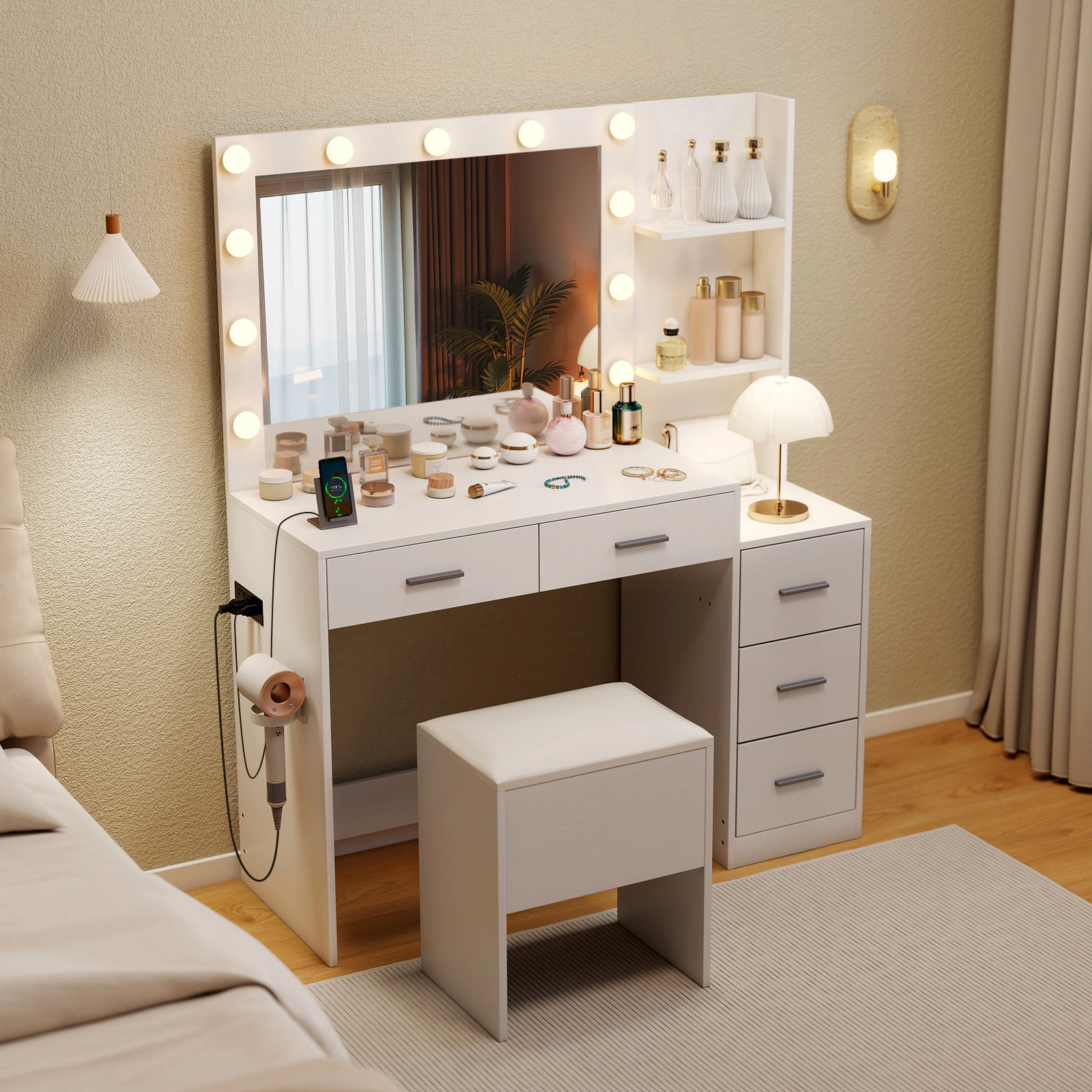 LJG Makeup Table and Stool Set with Hair Dryer Stand