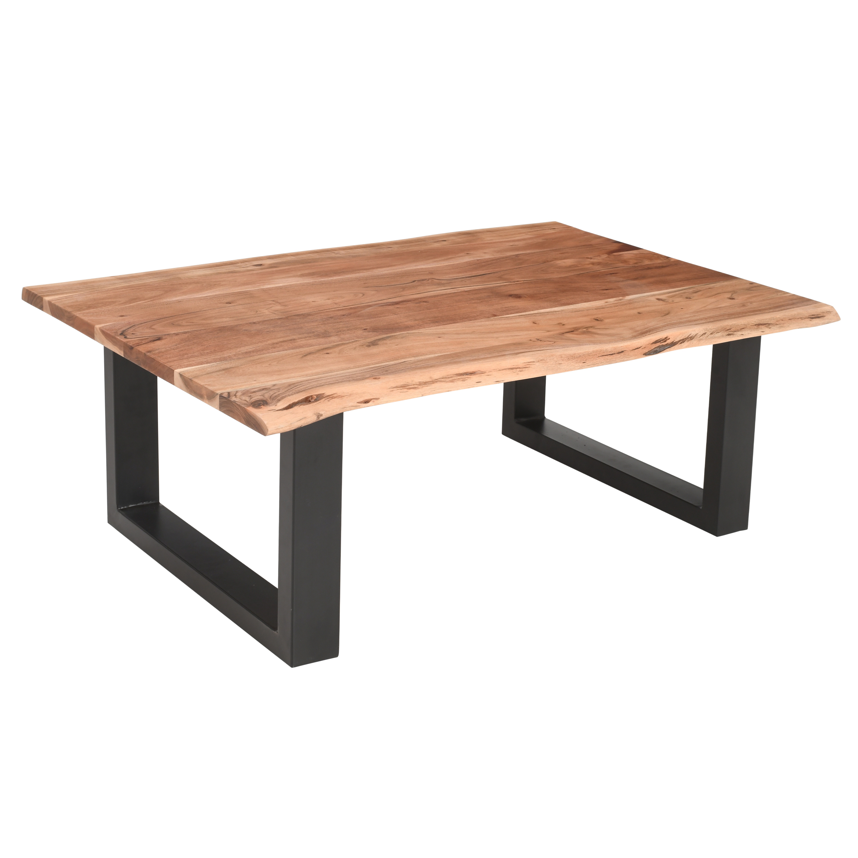 The Urban Port 45 Inch Acacia Wood Rectangular Coffee Table, Live Edge, Black Powder Coated Metal Base, Natural Brown