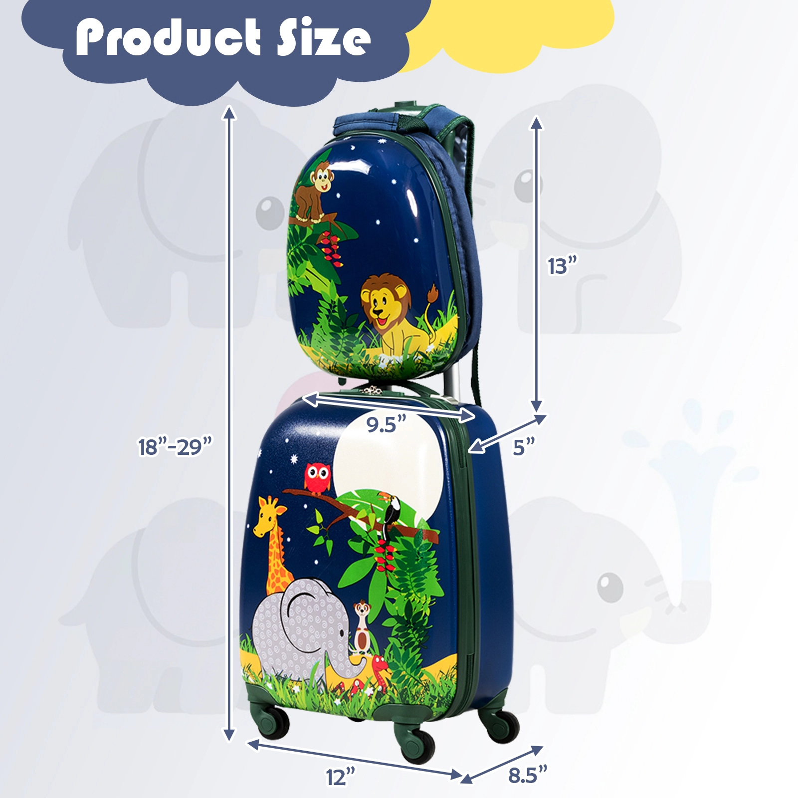 SUGIFT Kids 2-Piece ABS Hardshell 16-in Rolling Carry-On Suitcase 12-in Backpack School Luggage Set 4 Wheels Navy
