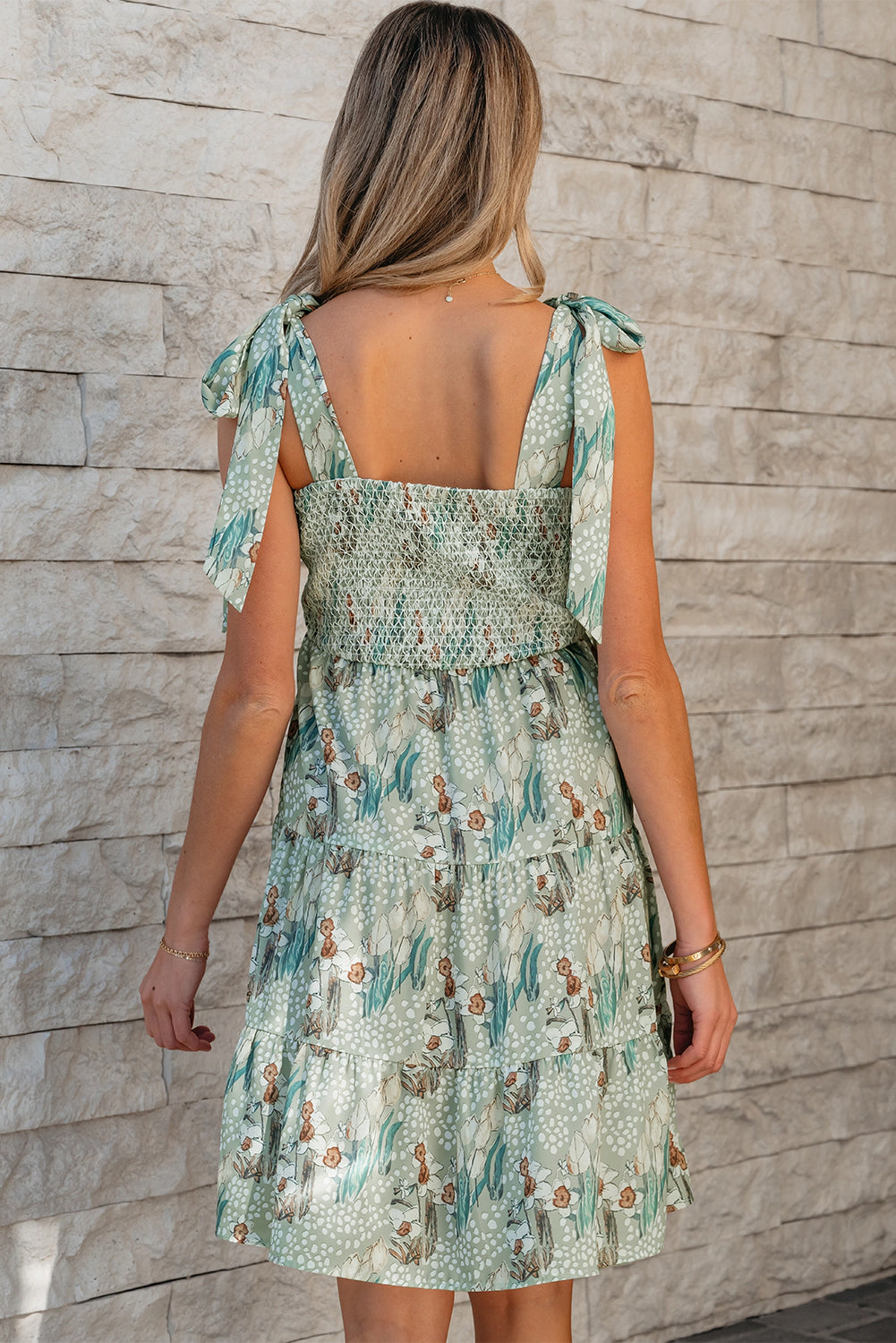 Threaded Pear Women's Ila Floral Knotted Strap Smocked Tiered Dress