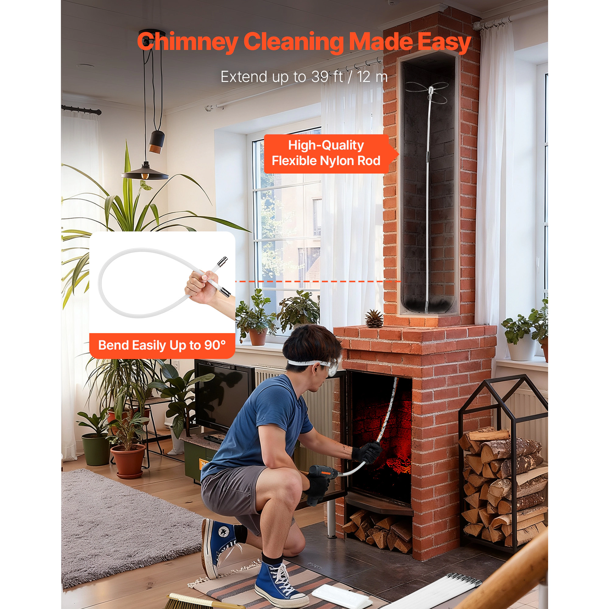 HONGGE Chimney Sweep Kit Maximum Extendable Length Brush Cleaner Sweeper with Dual Heads &