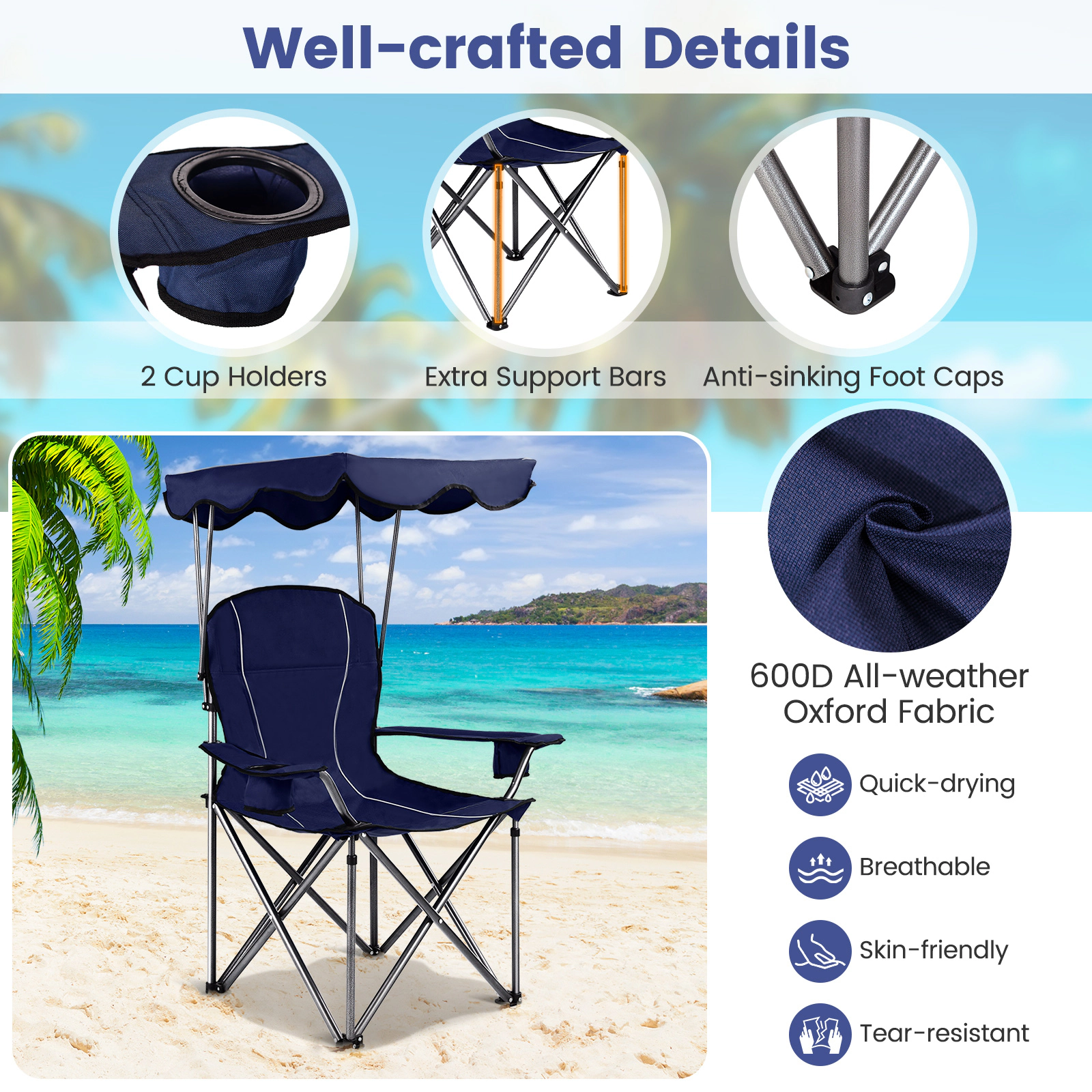 SUGIFT 265-lb Capacity Portable Folding Beach Canopy Chair with Heavy-Duty Steel Frame and 2 Cup Holders