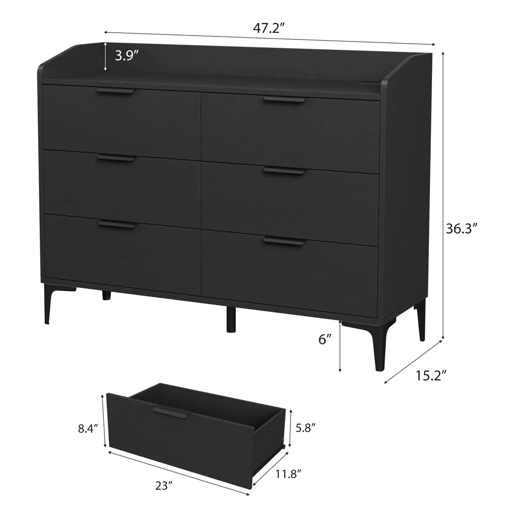6 Drawer Dresser with Power Outlets & USB Ports, 47.2" Wide Modern Wooden Storage Chest for Bedroom