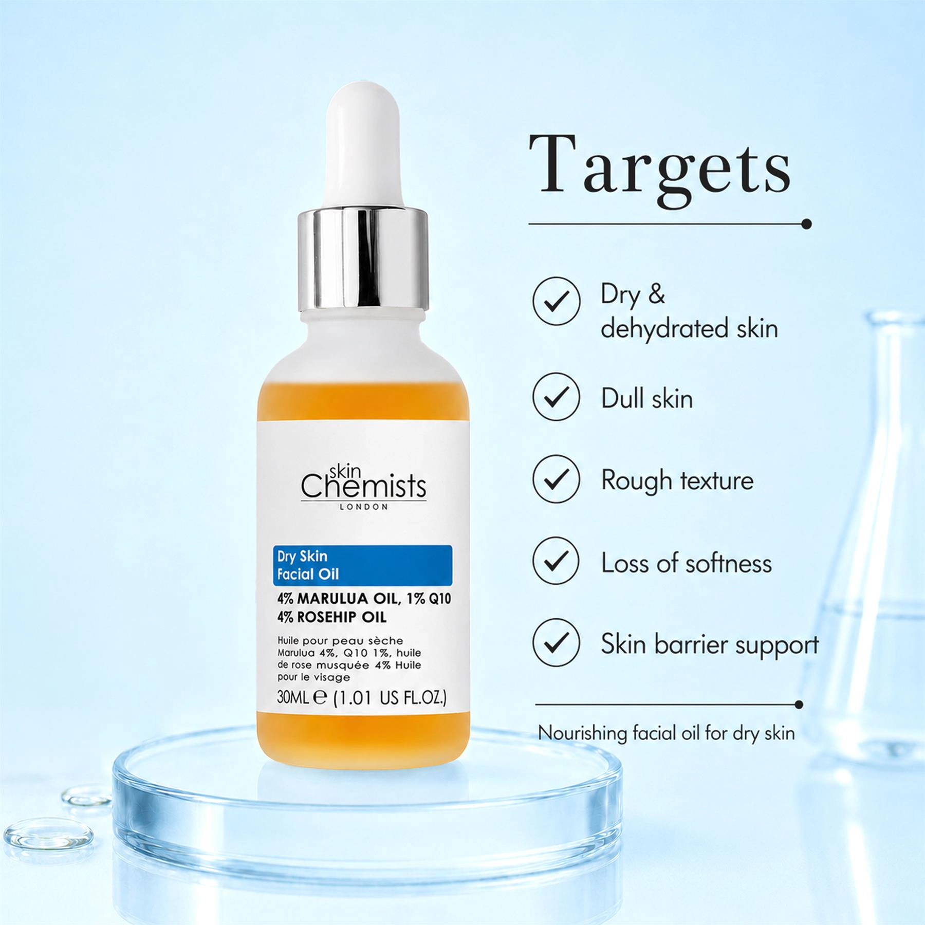 skinChemists AHSC Nourishing Anti-Aging Facial Serum 30ml - Marula 4% Q10 1% Rosehip 4% - for Dry Skin