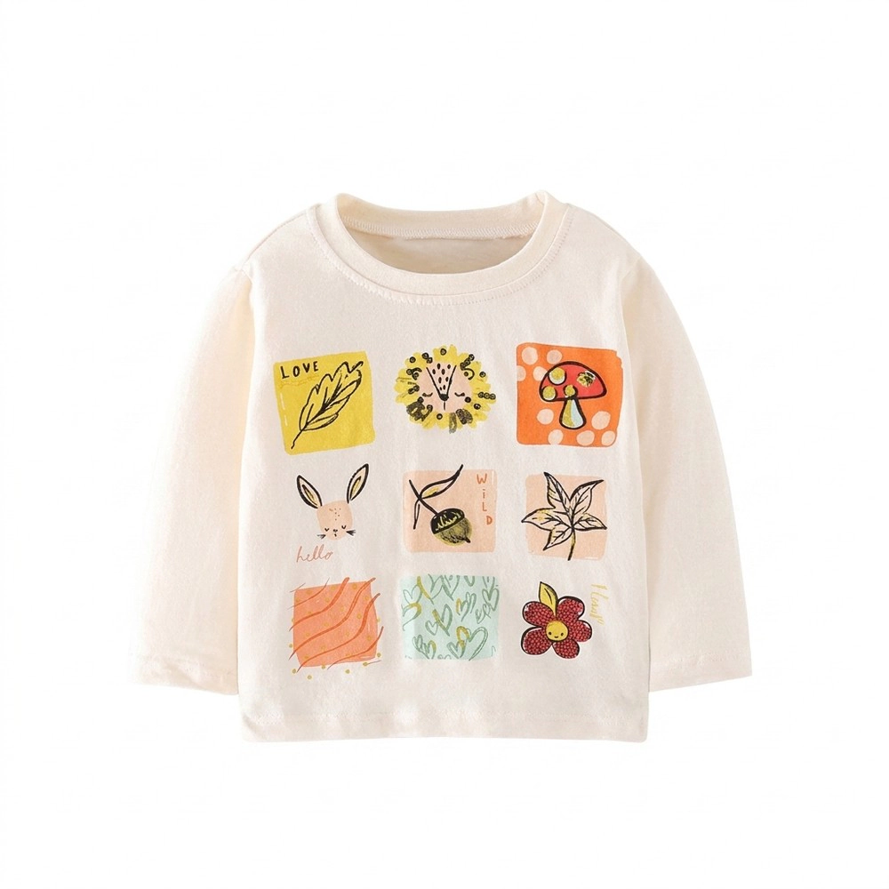 MyKids-USA Baby Floral Cartoon Long-Sleeve Shirt - Beige Cotton-Blend Crew Neck