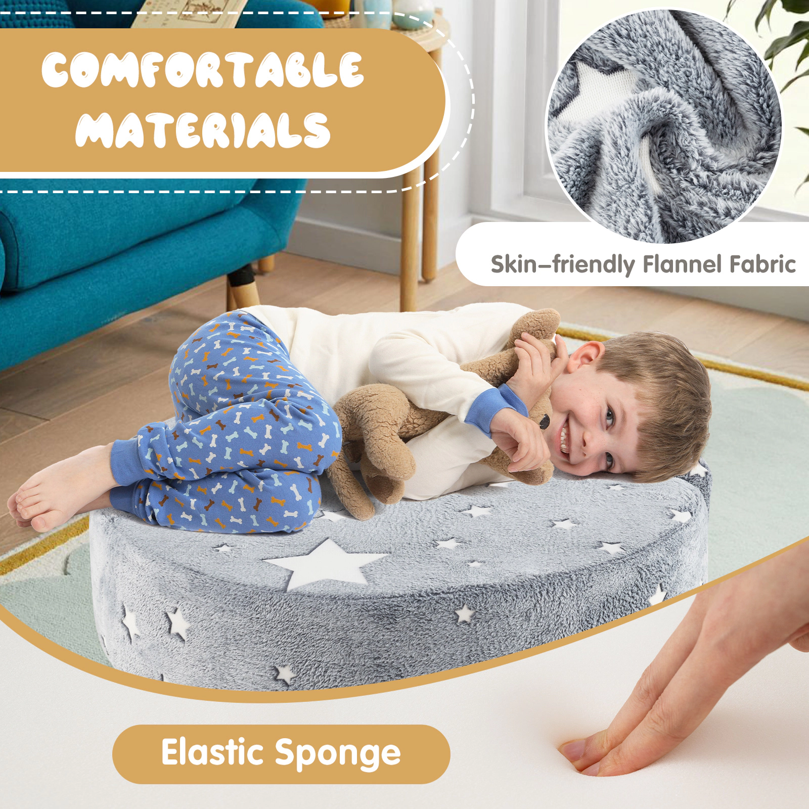 SUGIFT 2-in-1 Convertible Kids Sofa Gray Glow in the Dark with Washable Cover