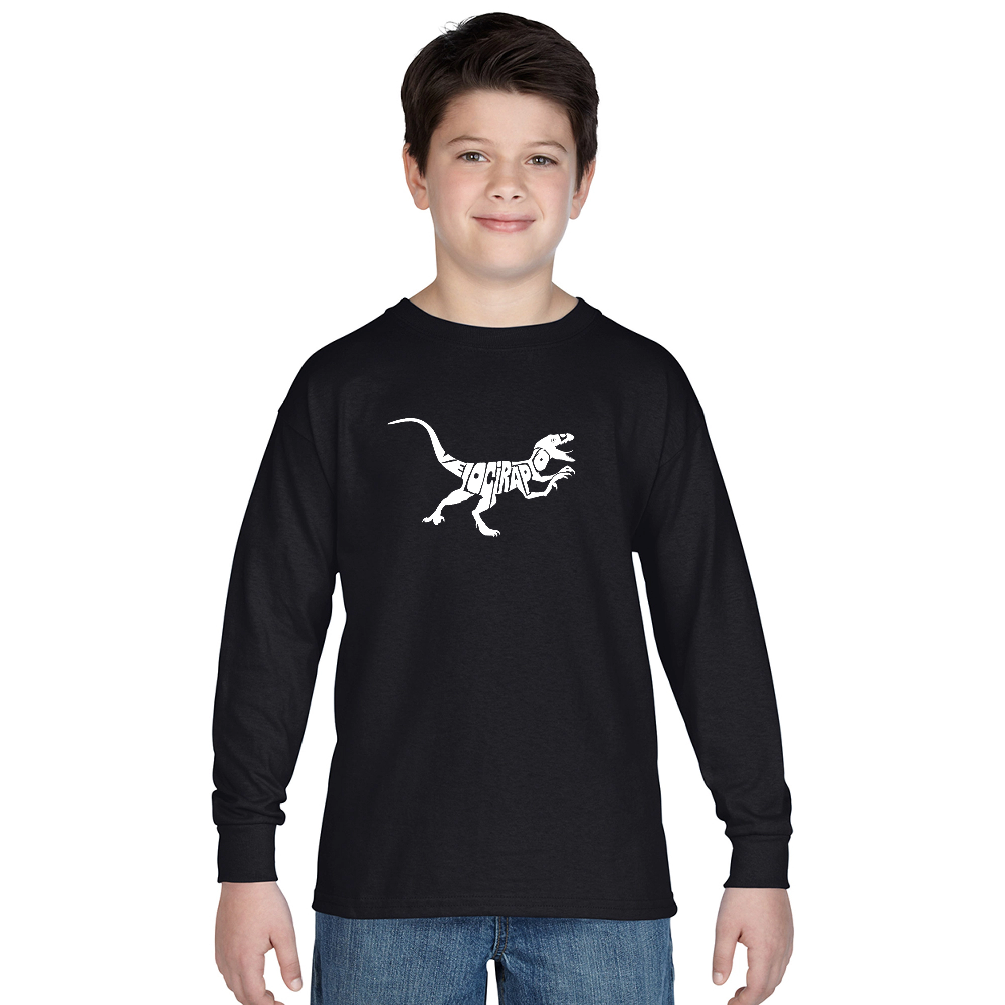 LA Pop Art Boys Long Sleeve T-Shirt -  Velociraptor
