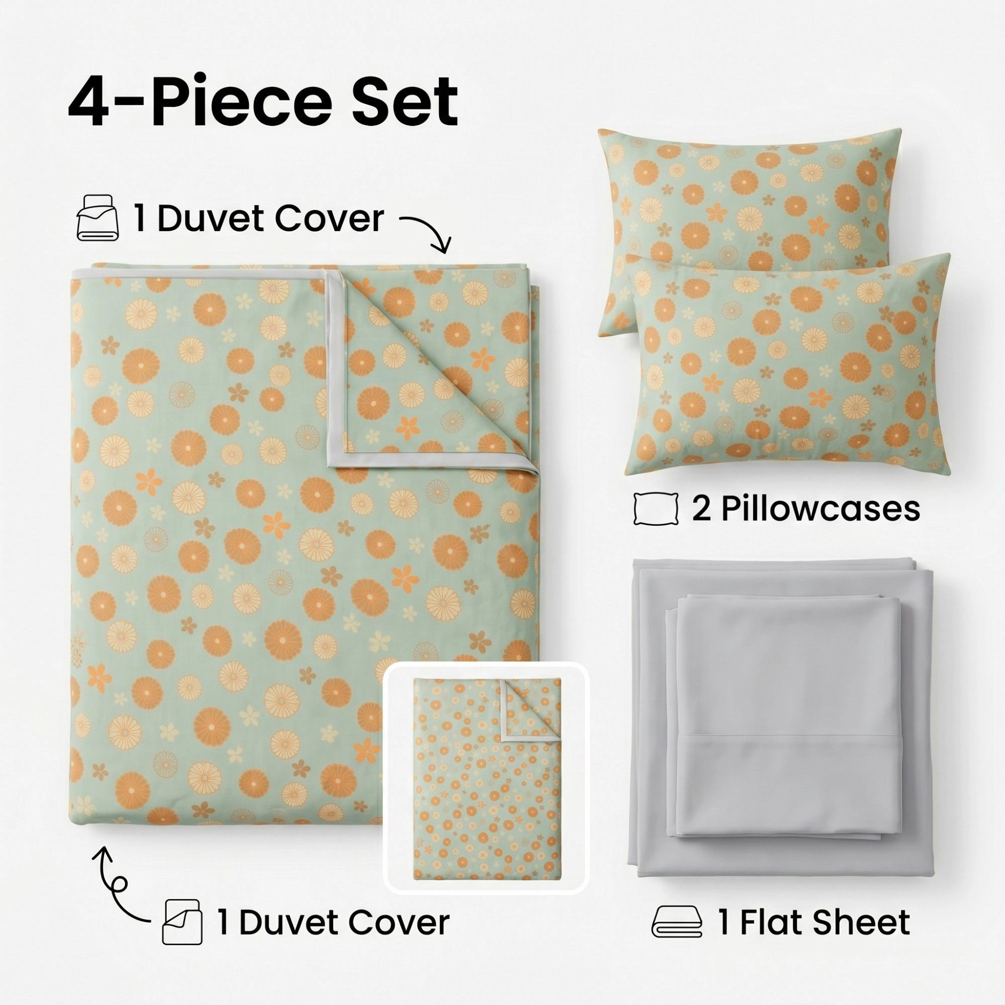 Alilang Unisex 4-Piece Cotton Bedding Set with Floral Pattern Duvet Cover, Pillowcases, and Flat Sheet