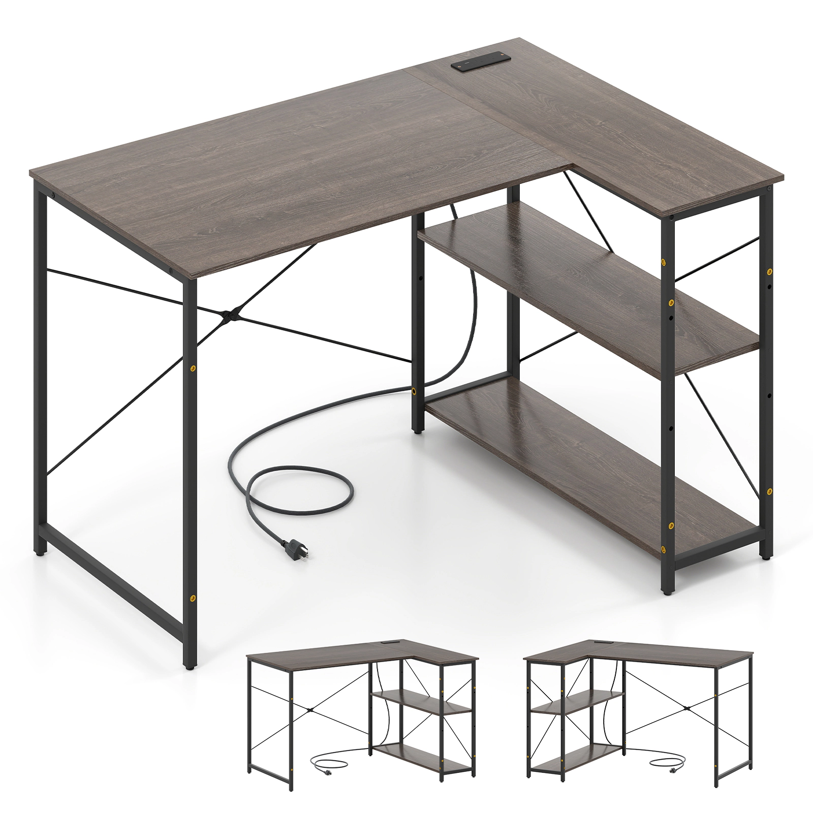 SUGIFT Reversible Adjustable Shelf Built-In Outlets L-Shaped Computer Desk 47-in x 34-in x 29-in 240-lb Capacity Gray