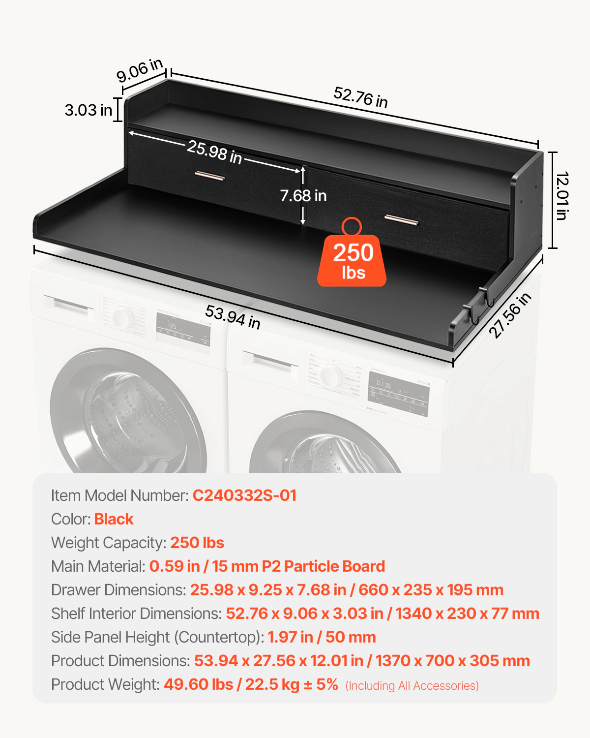 HONGGE Washer Dryer Countertop 54" x 27" Wooden Washer and Dryer Countertop Water-Resistant Laundry Machine Topper