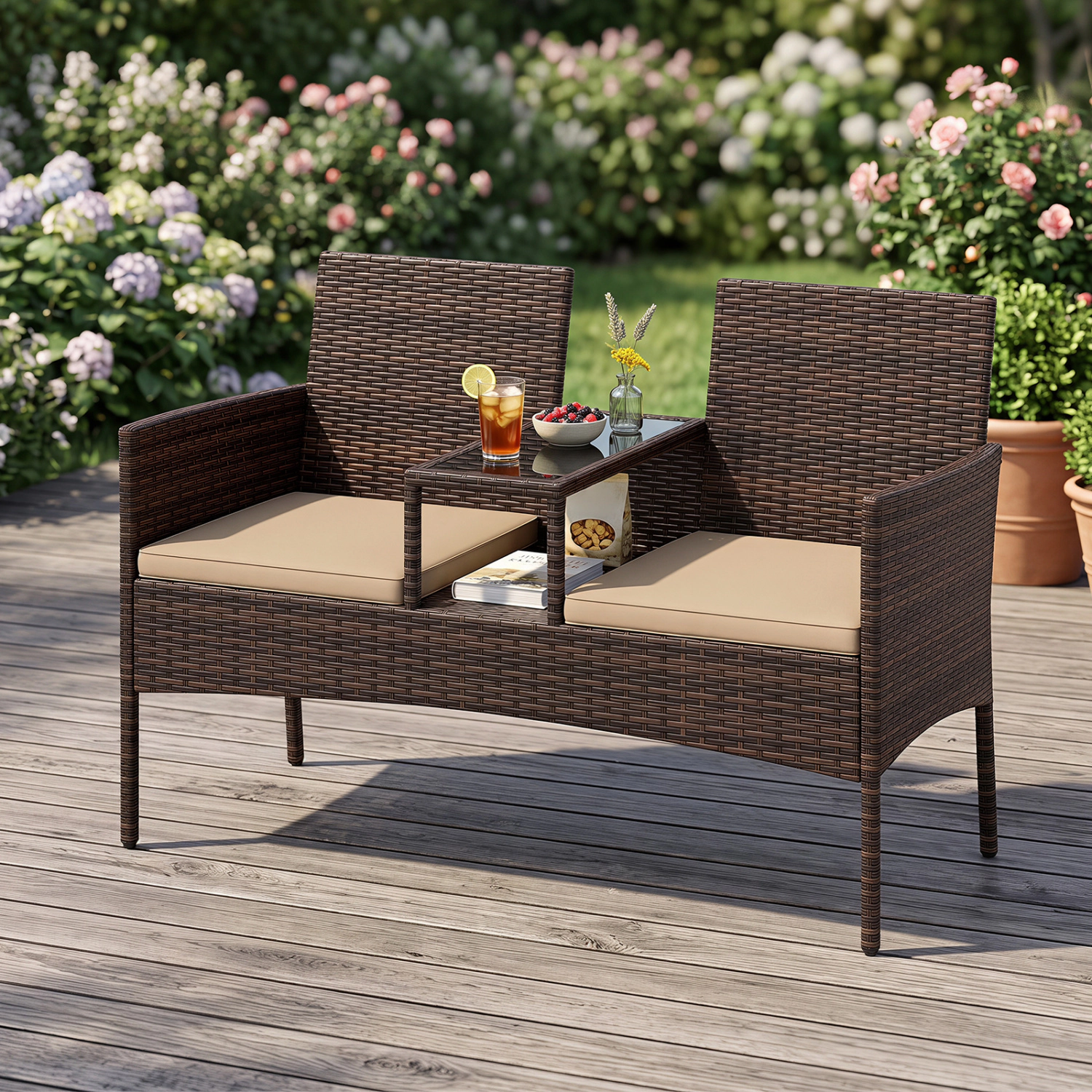 LJG Patio Loveseat Wicker 2-Seat Conversation Set with Built-in Coffee Table