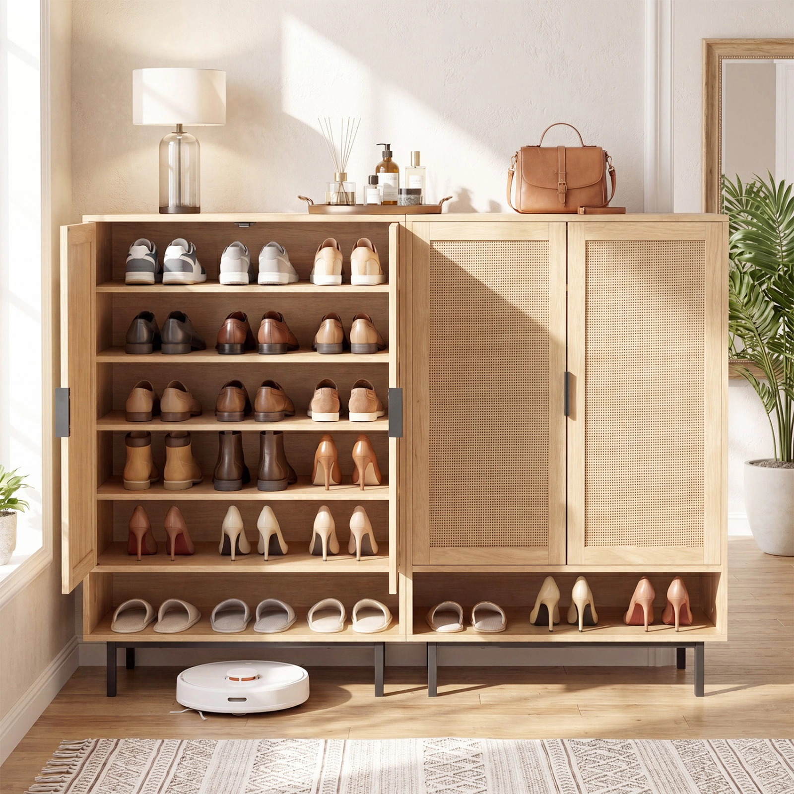SUGIFT 6-Tier Natural 43-in Tall Shoe Cabinet with Rattan Accent Double Doors and Open Compartment