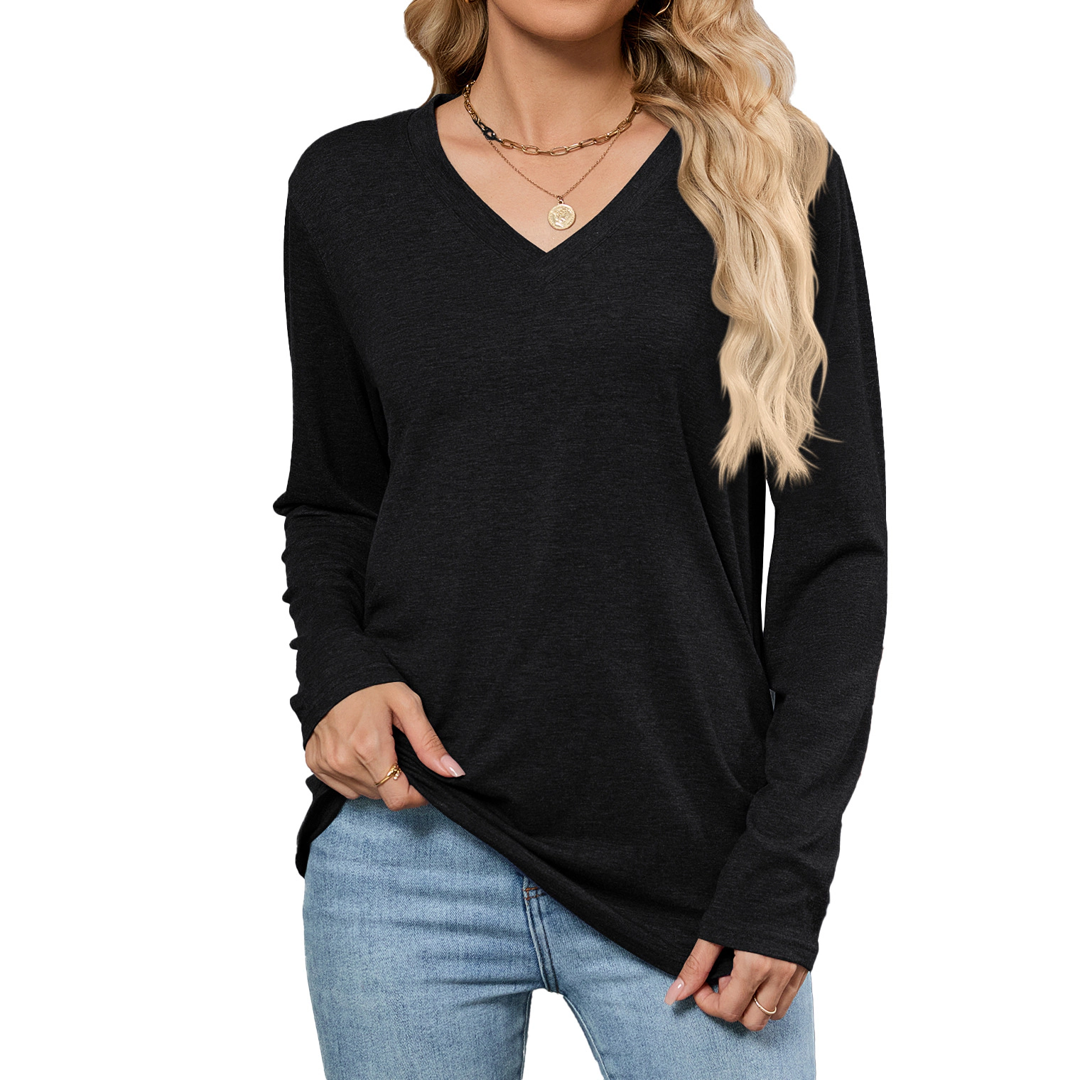 Enchanted Funland Women's V Neck Long Sleeve Lightweight Loose Fit Tunic Shirt