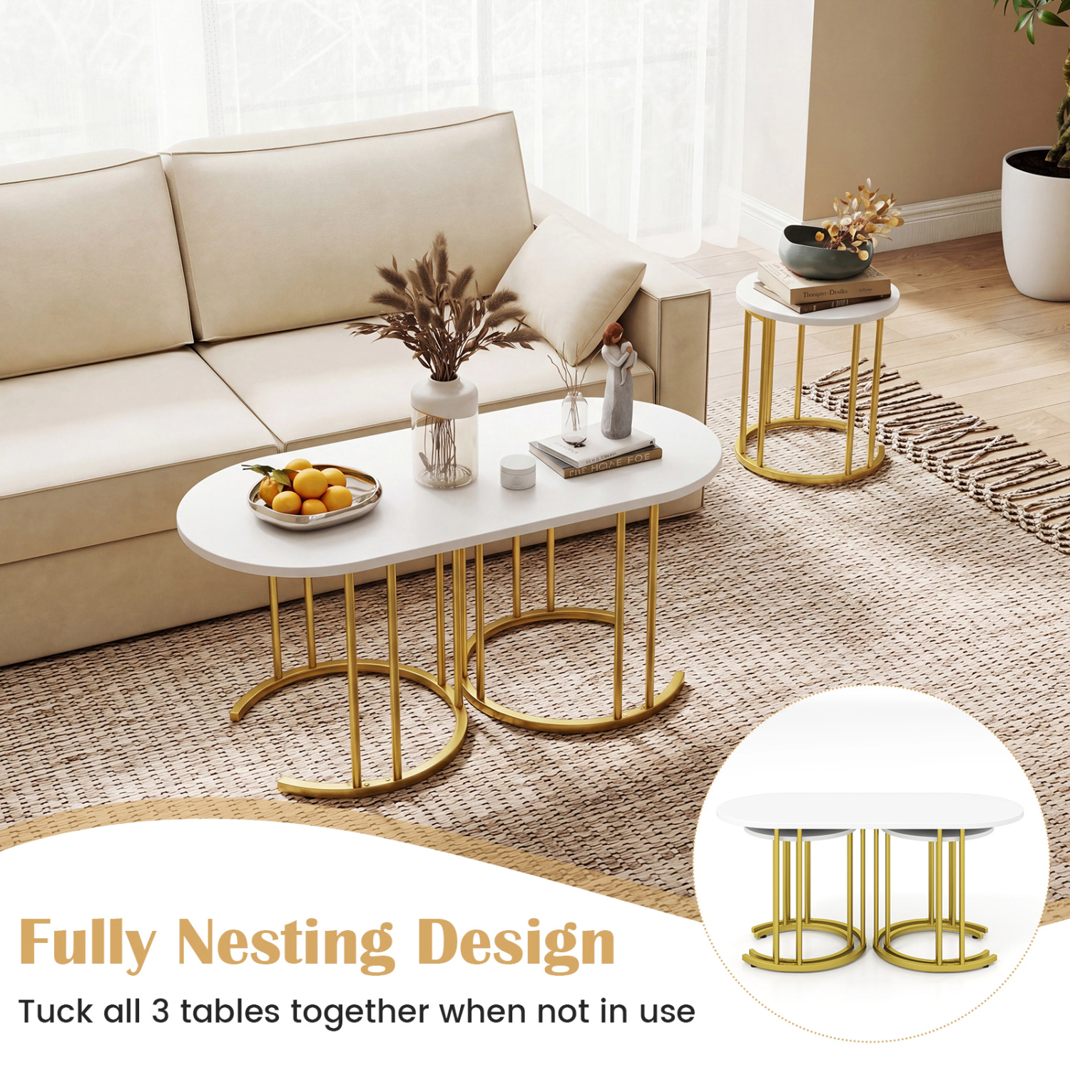 Glintex 3-Piece Nesting Coffee Table Set with Faux Marble Tops and Metal Frames, White & Gold