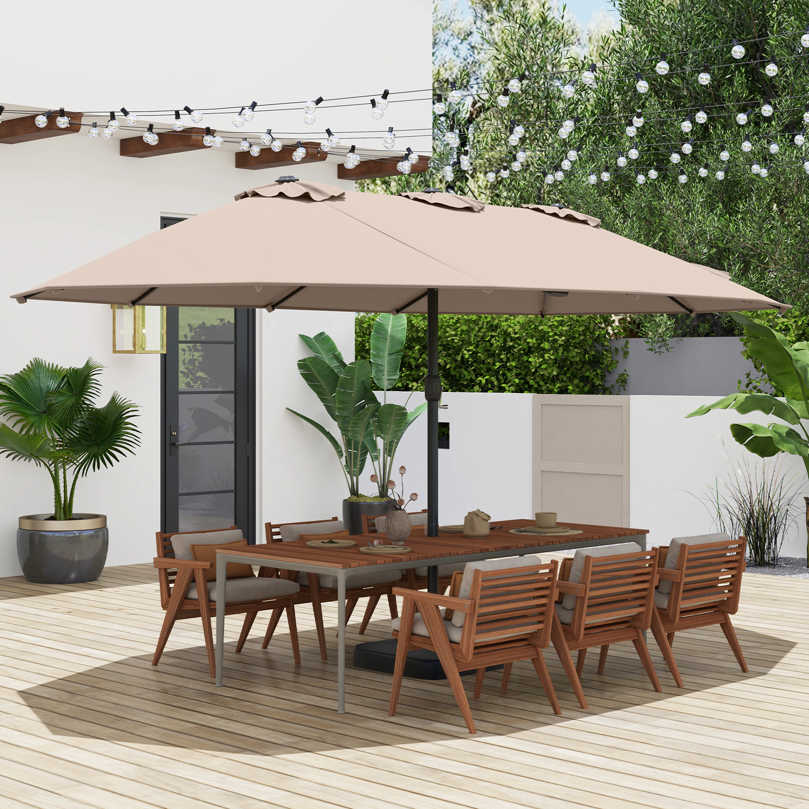 SUGIFT 15-ft Brown Rectangular Twin Patio Umbrella with Crank Lift and Cross Stand