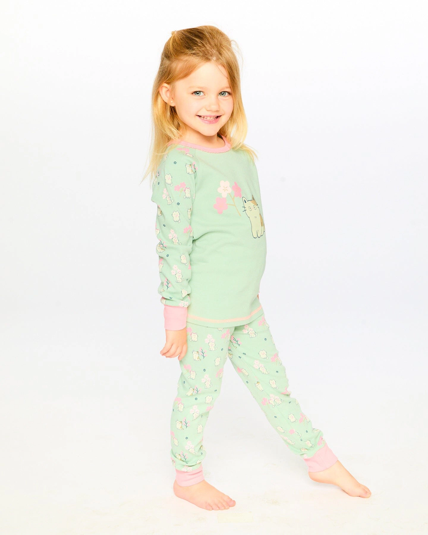 Deux par Girls Organic Cotton Kitten Print Long Sleeve Top and Pants Two-Piece Pyjama Set