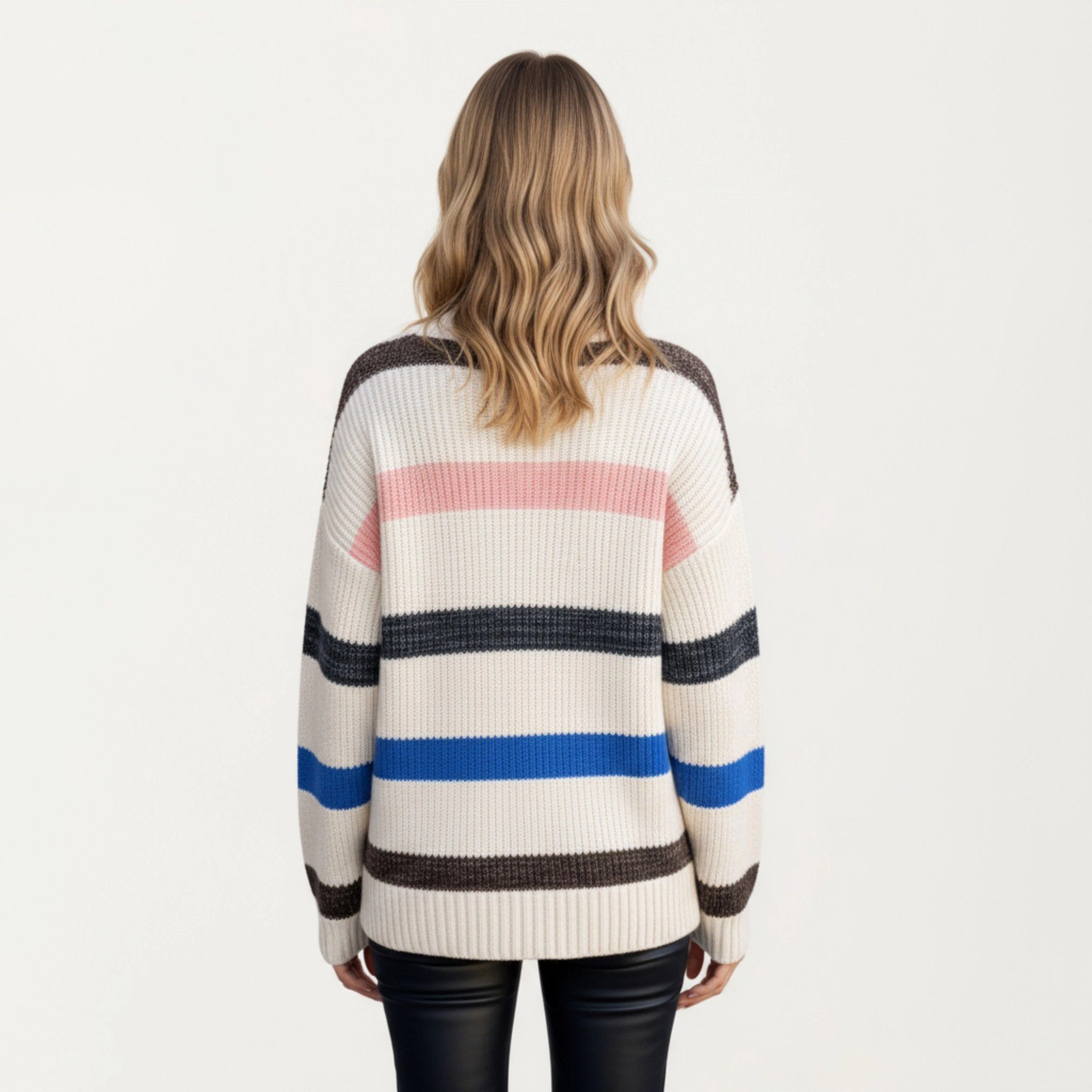 Anna-Kaci Women's Long Sleeve V-Neck Ribbed Knit Sweater with Multicolor Stripes