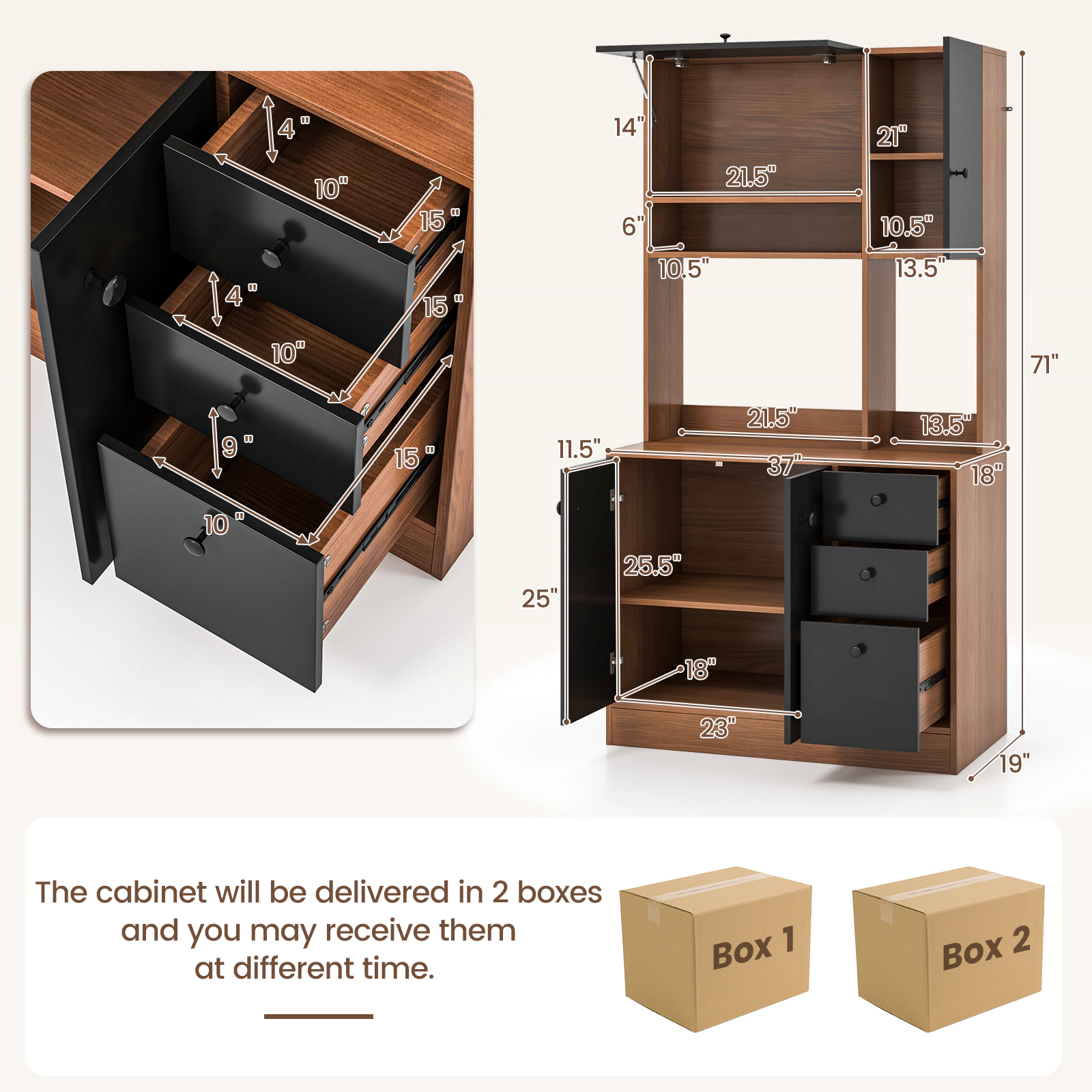 SUGIFT 71-in Tall 110-lb Countertop Walnut Pantry Cabinet with 3 Storage Cabinets and 3 Deep Drawers