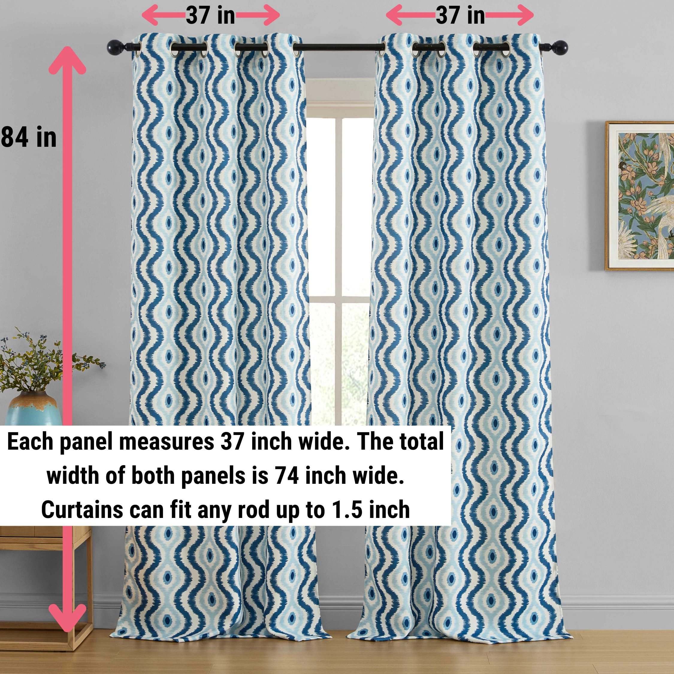 HLC.ME Tanner Ogee Ikatt Damask Patterned Window Grommet Curtains - Light Blocking Darkening Panels, Set of 2
